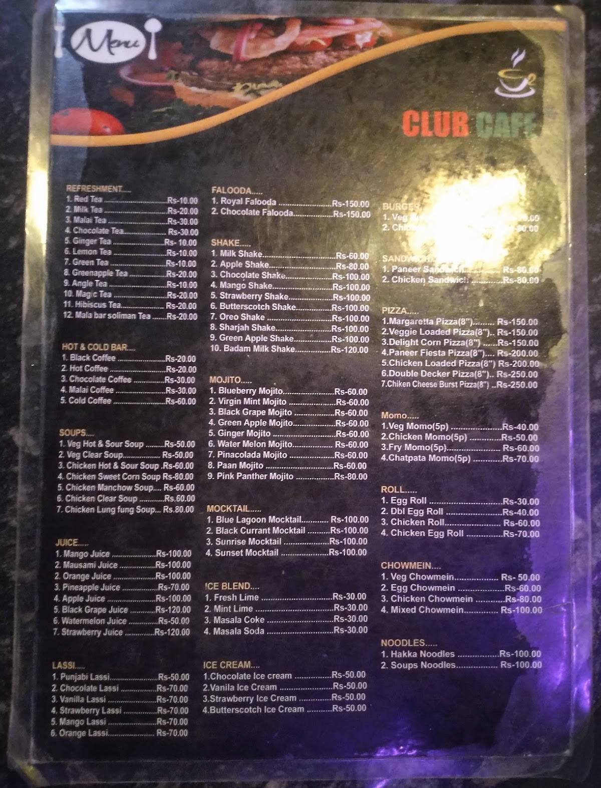 Club Cafe menu
