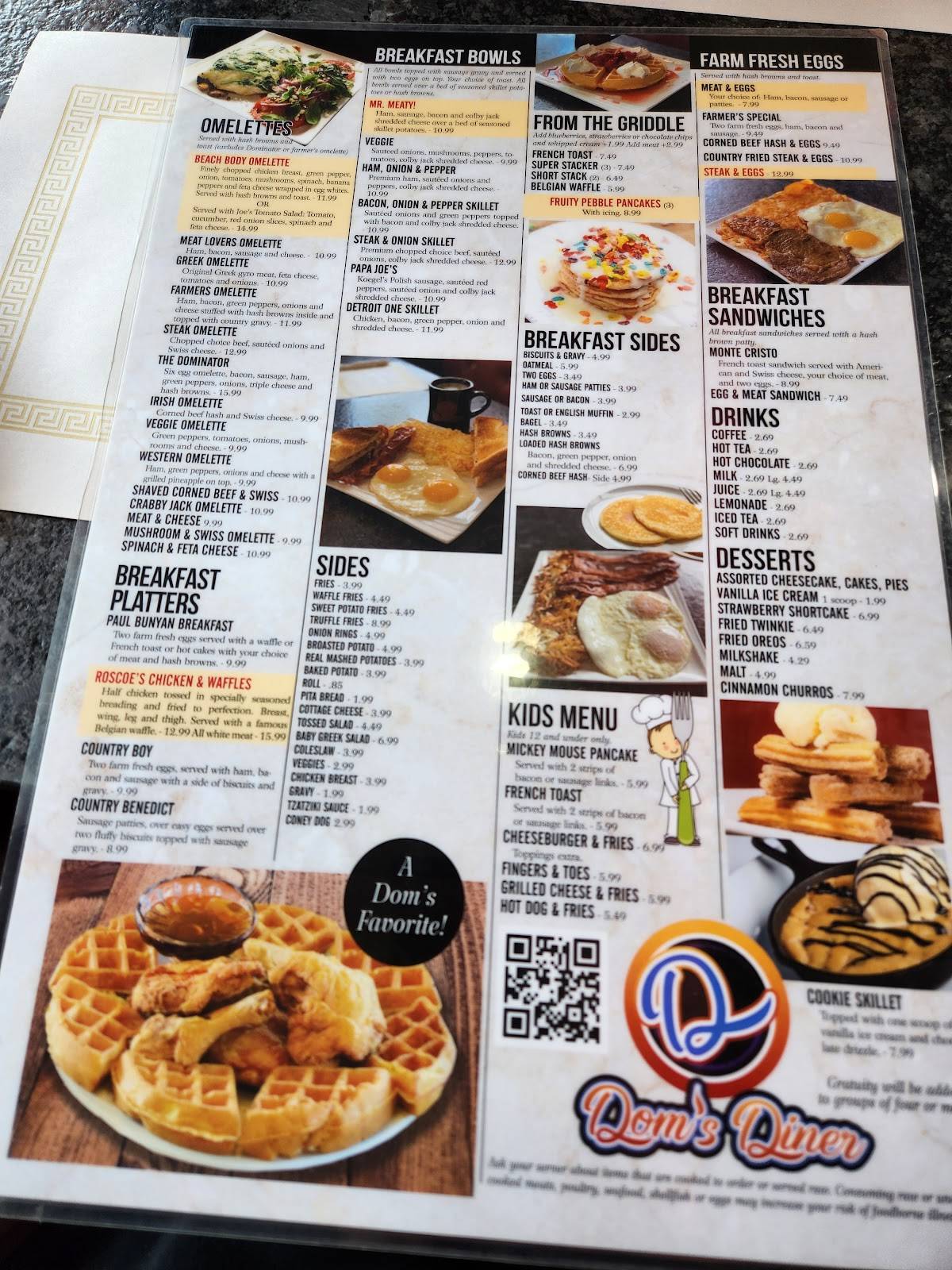 Menu at Dom's Diner restaurant, Flint