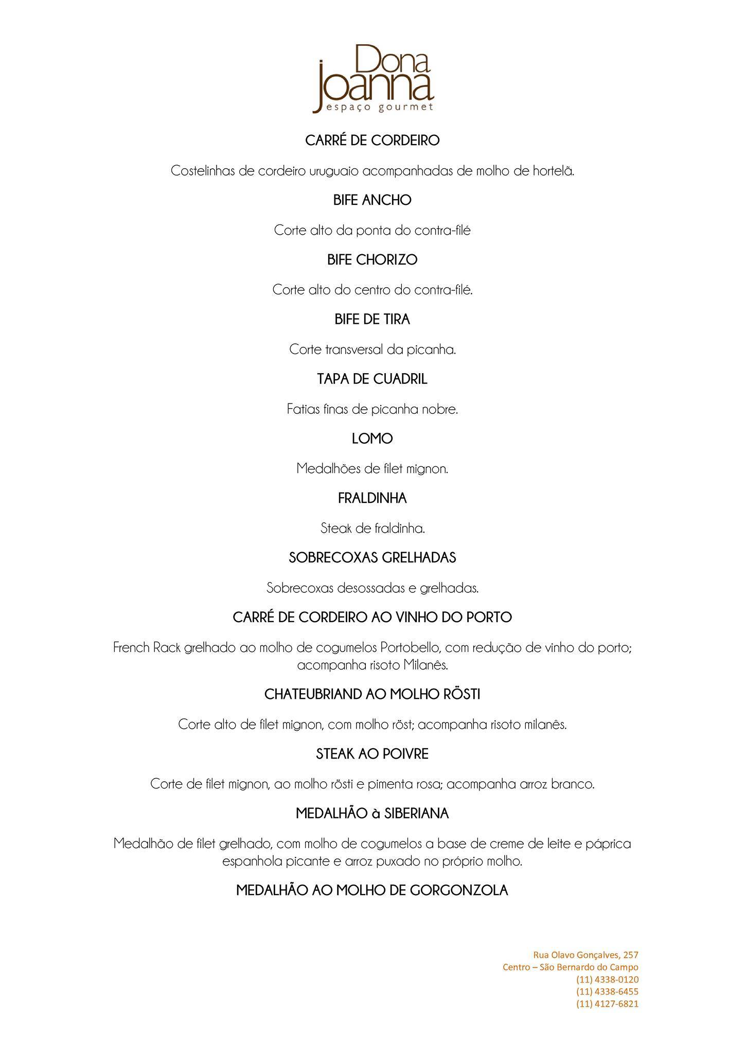 Dona Joanna Espaço Gourmet cardápio