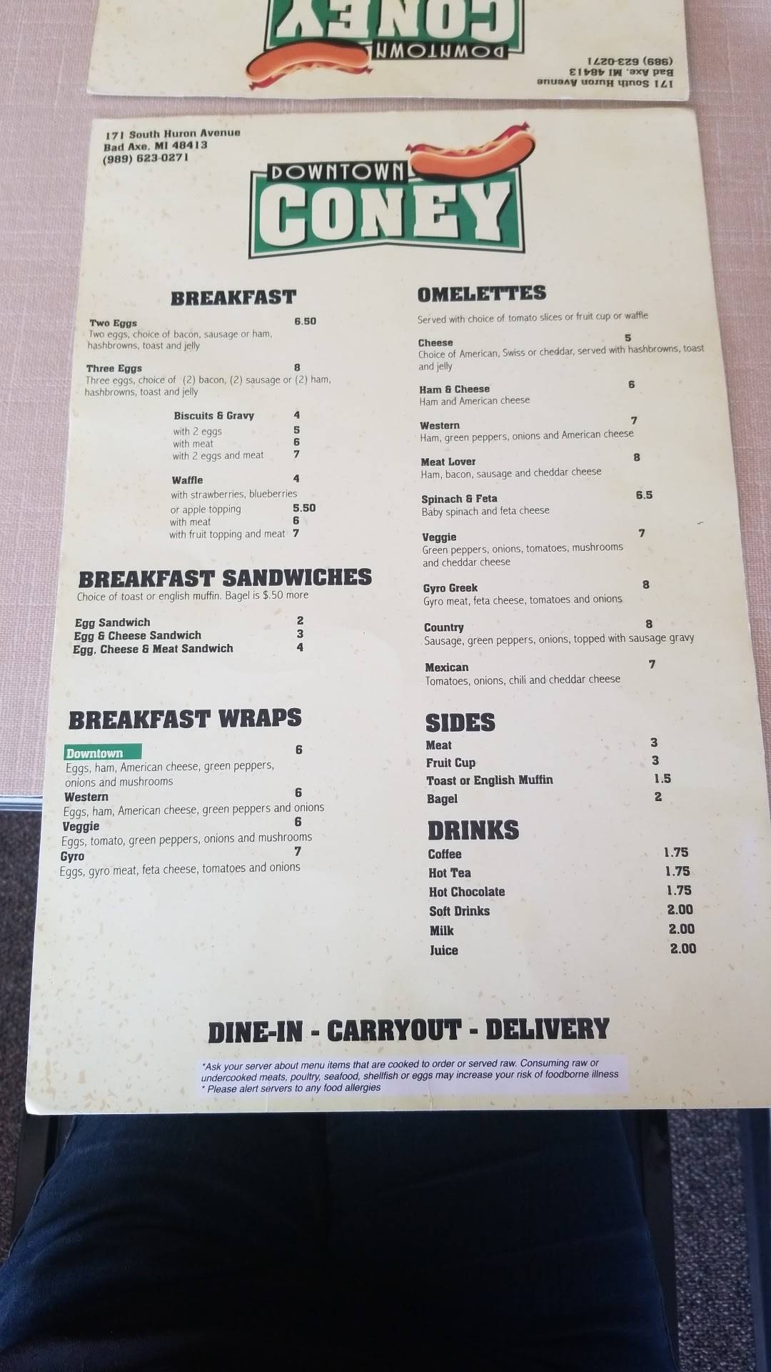 Carta del restaurante Downtown Coney Island, Bad Axe