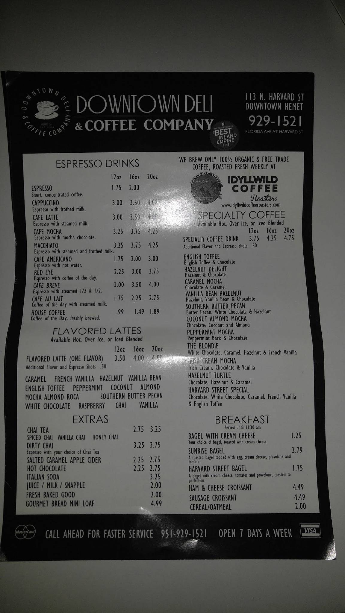 Menu at Downtown Deli & Coffee Company cafe, Hemet
