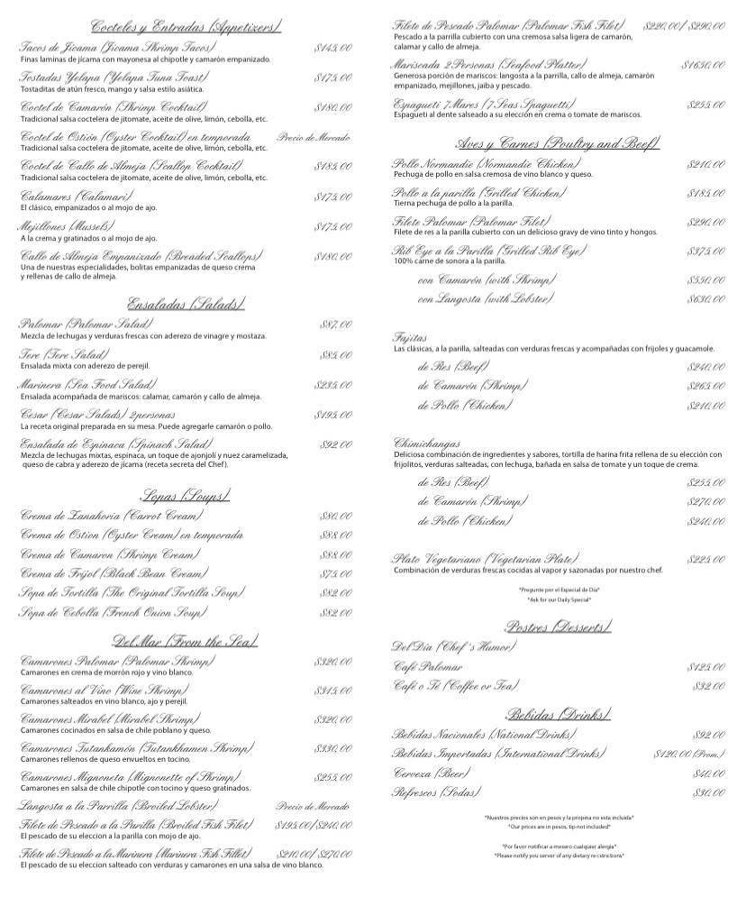 Menu at El Palomar De Los Gonzalez restaurant, Puerto Vallarta, Aguacate 425