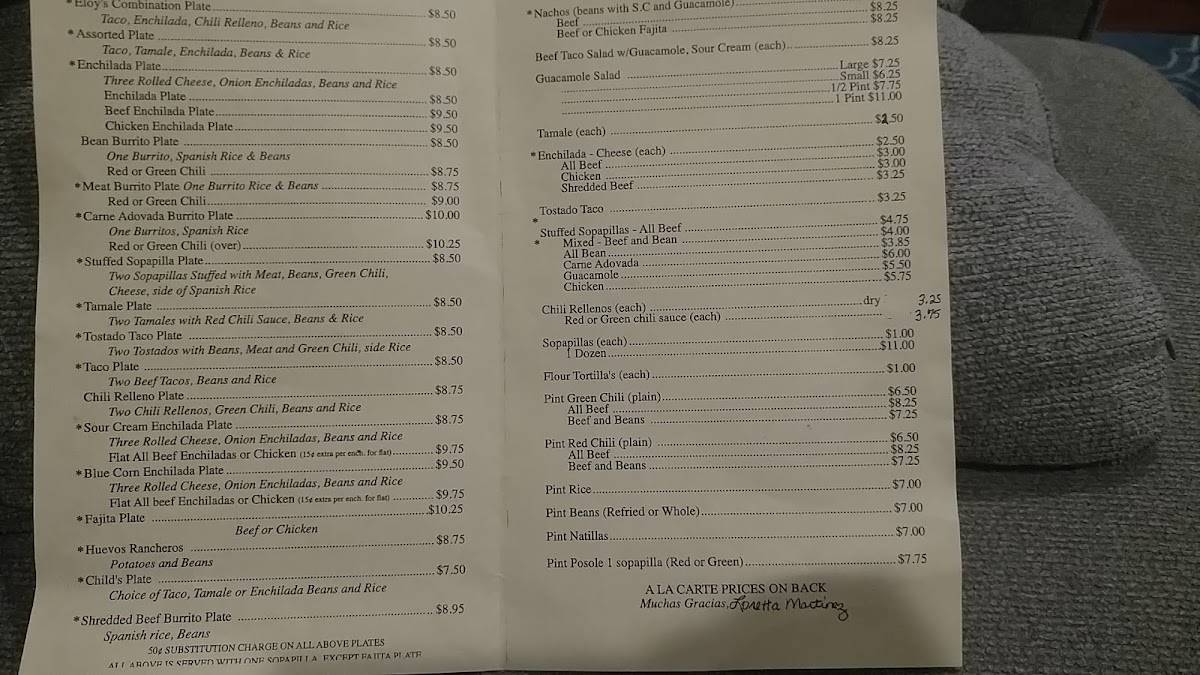 Menu at Eloy's restaurant, Albuquerque