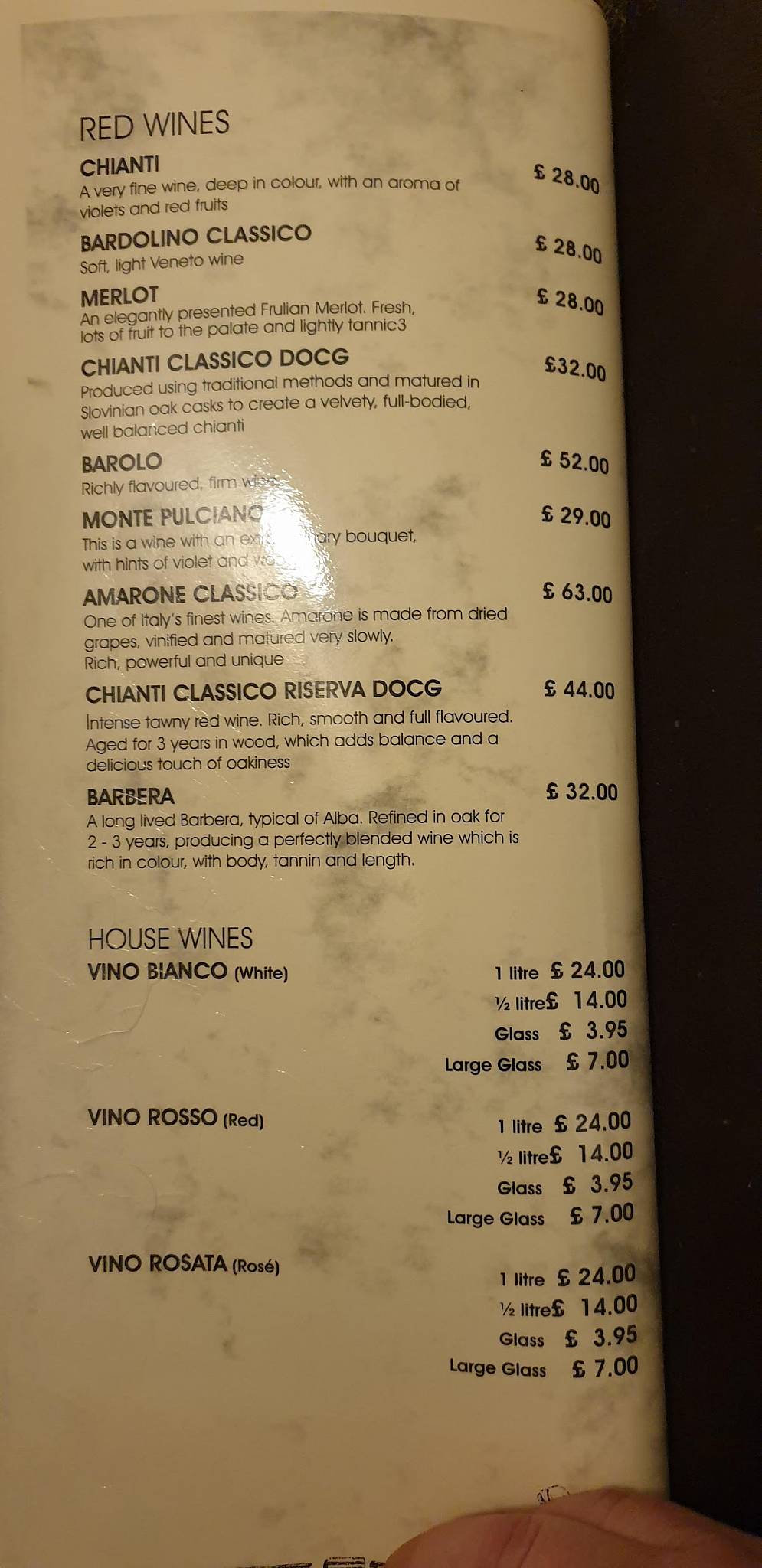 Menu at Emilio's Italian restaurant, Doncaster