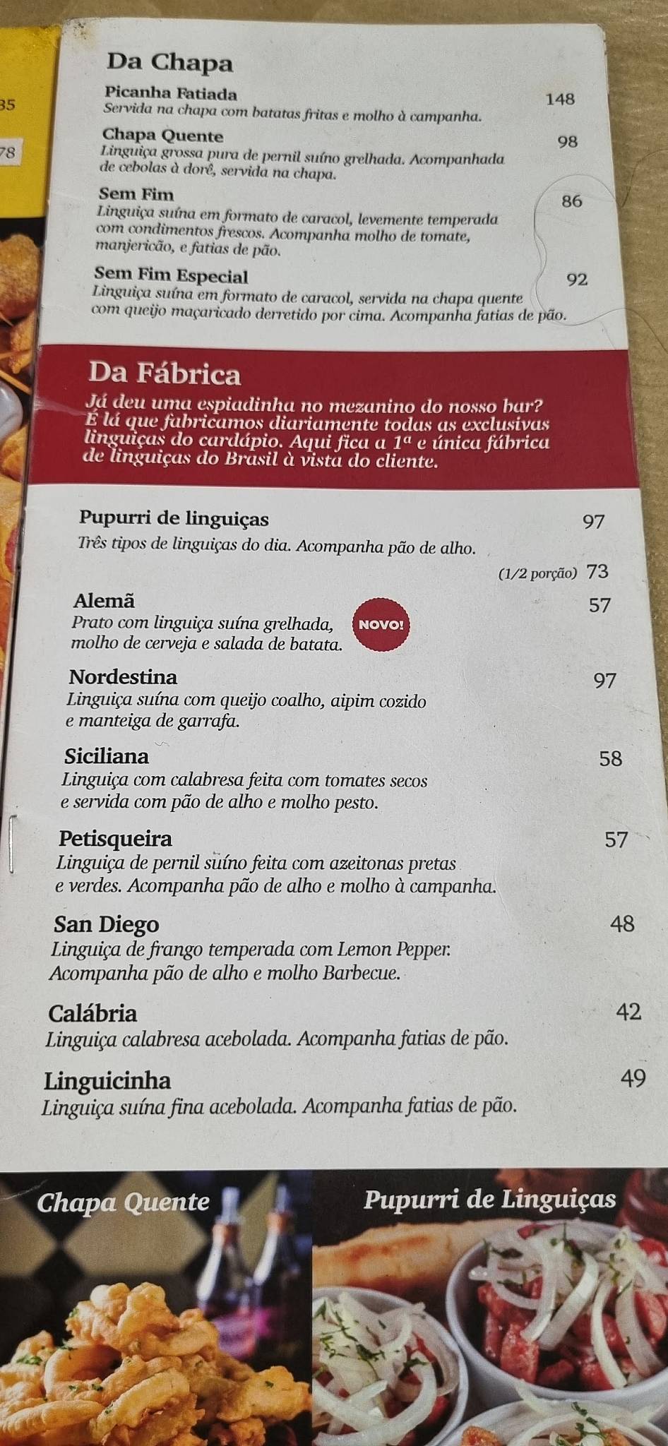 Enchendo Lingüiça cardápio