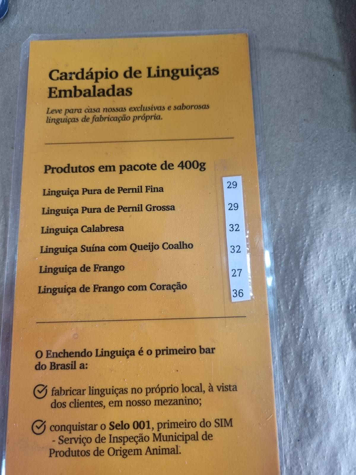 Enchendo Lingüiça cardápio