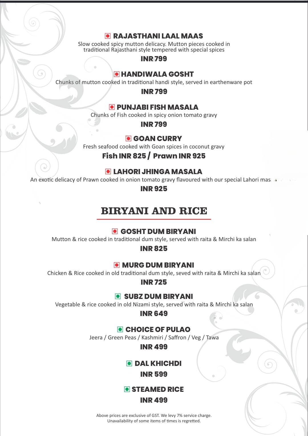 Exotica AKA Zafraan menu