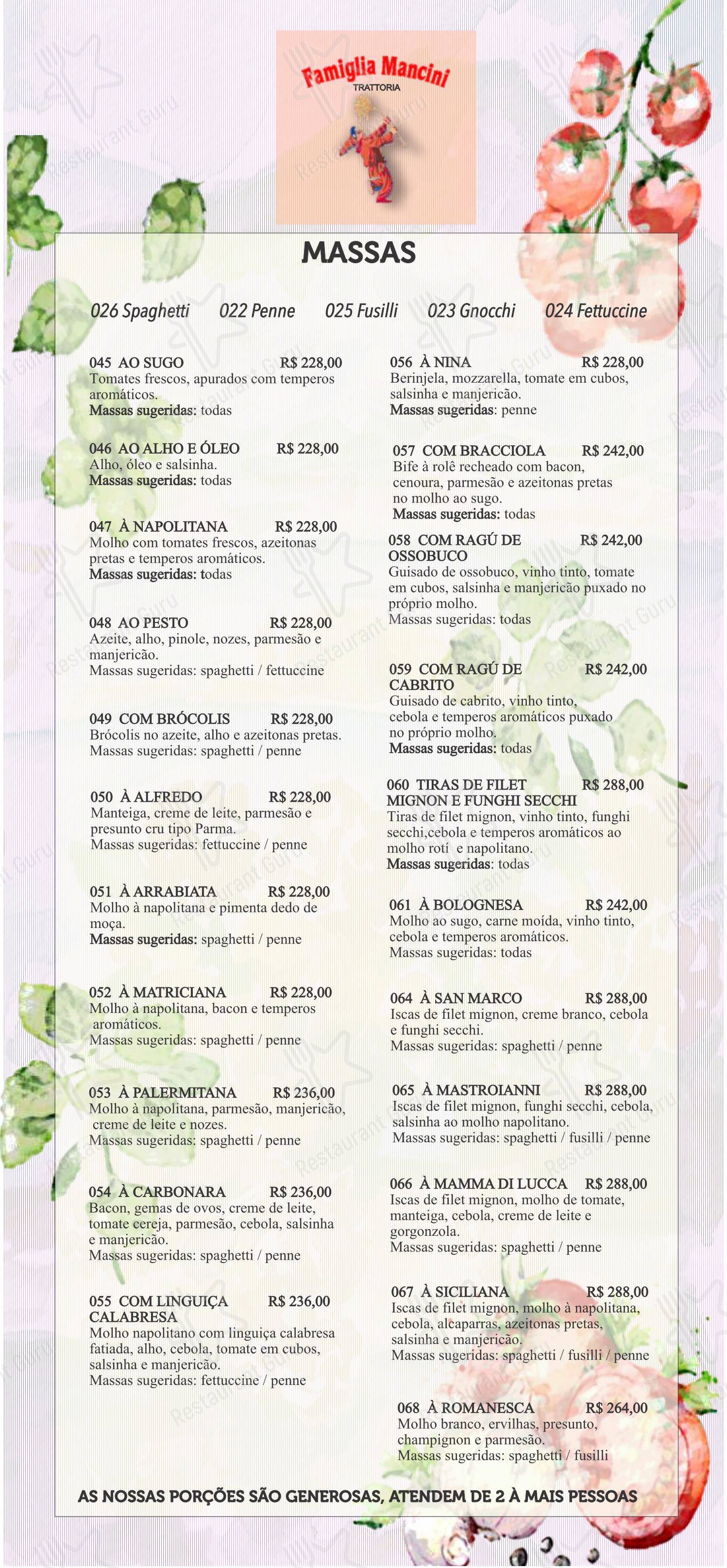 Menu para Famiglia Mancini Trattoria restaurante