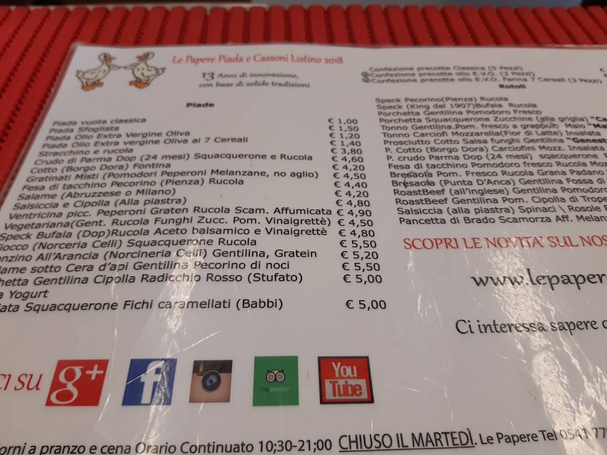 menù piada e cassoni ciana e monda