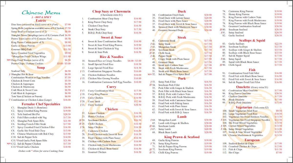 Menu at Fernalee restaurant, Christies Beach