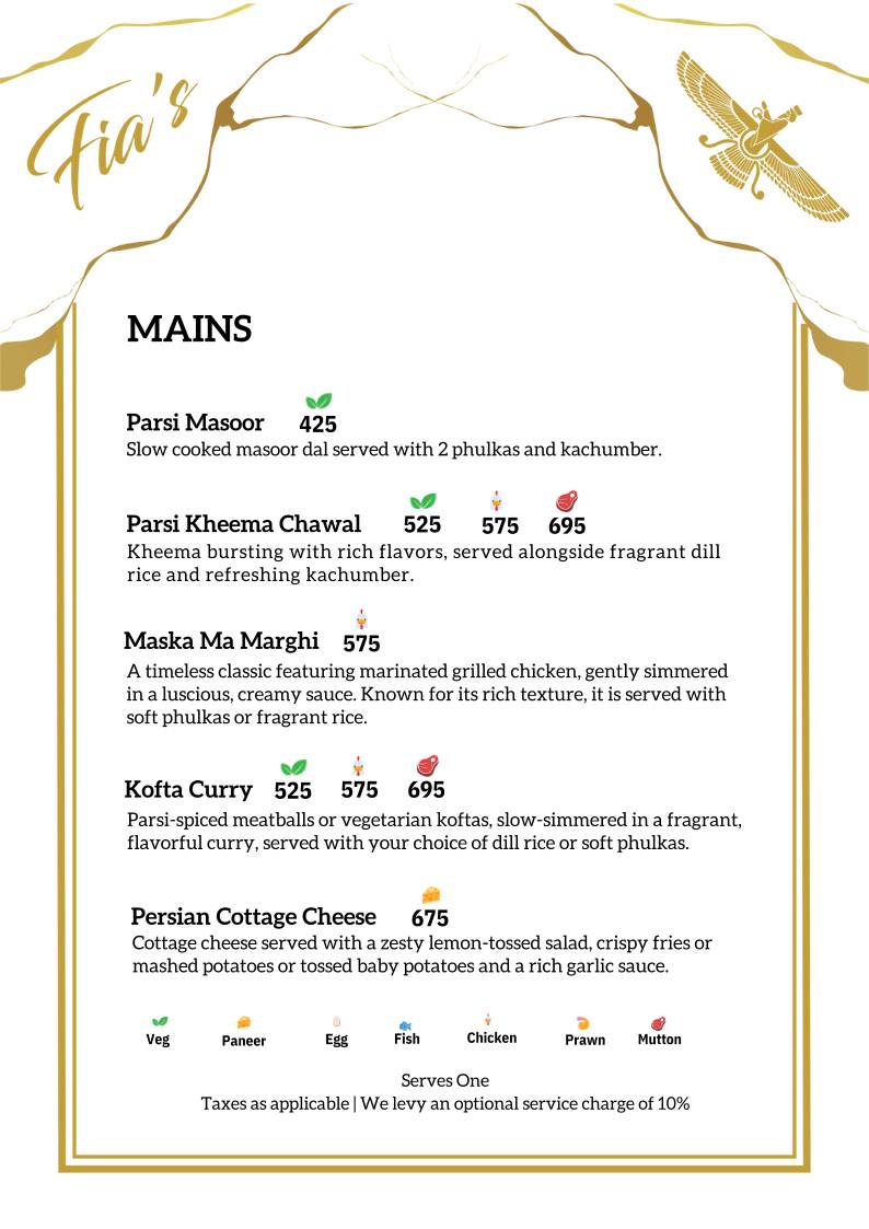 Fia’s Lounge - Authentic Parsi Cuisine - Bangalore menu
