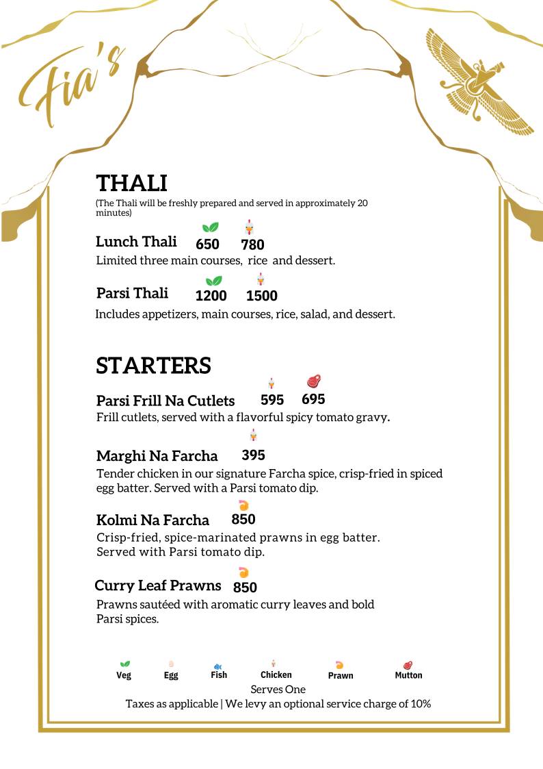 Fia’s Lounge - Authentic Parsi Cuisine - Bangalore menu