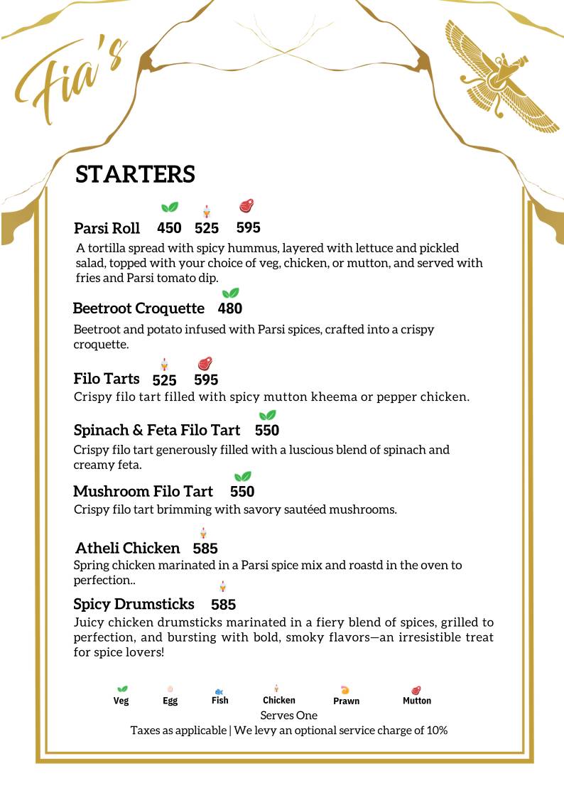 Fia’s Lounge - Authentic Parsi Cuisine - Bangalore menu