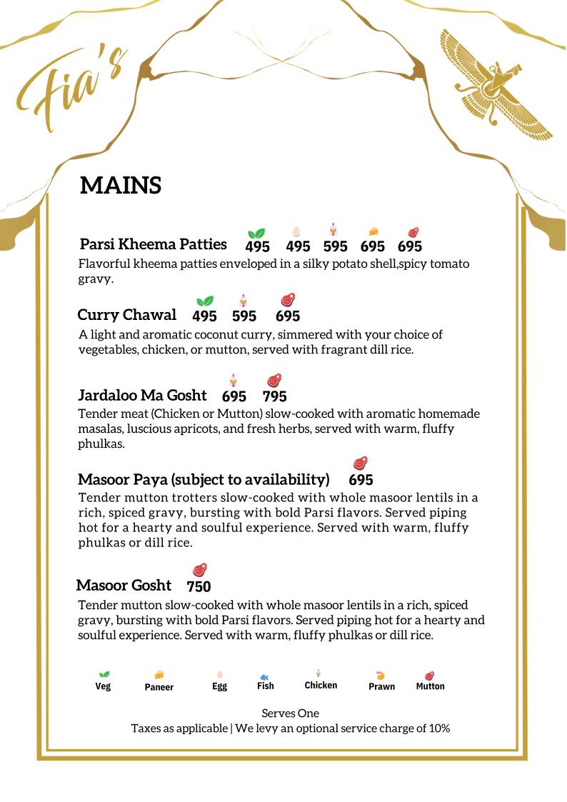 Fia’s Lounge - Authentic Parsi Cuisine - Bangalore menu