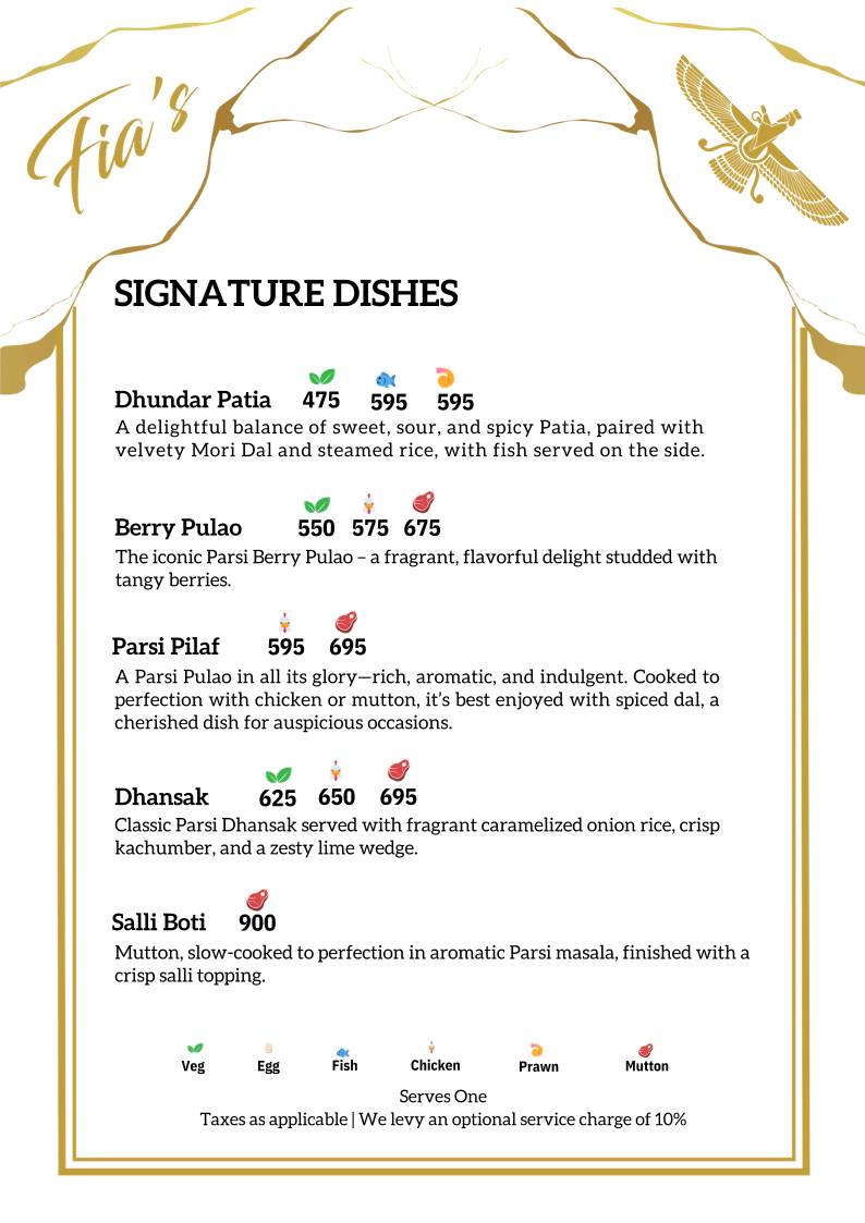 Fia’s Lounge - Authentic Parsi Cuisine - Bangalore menu