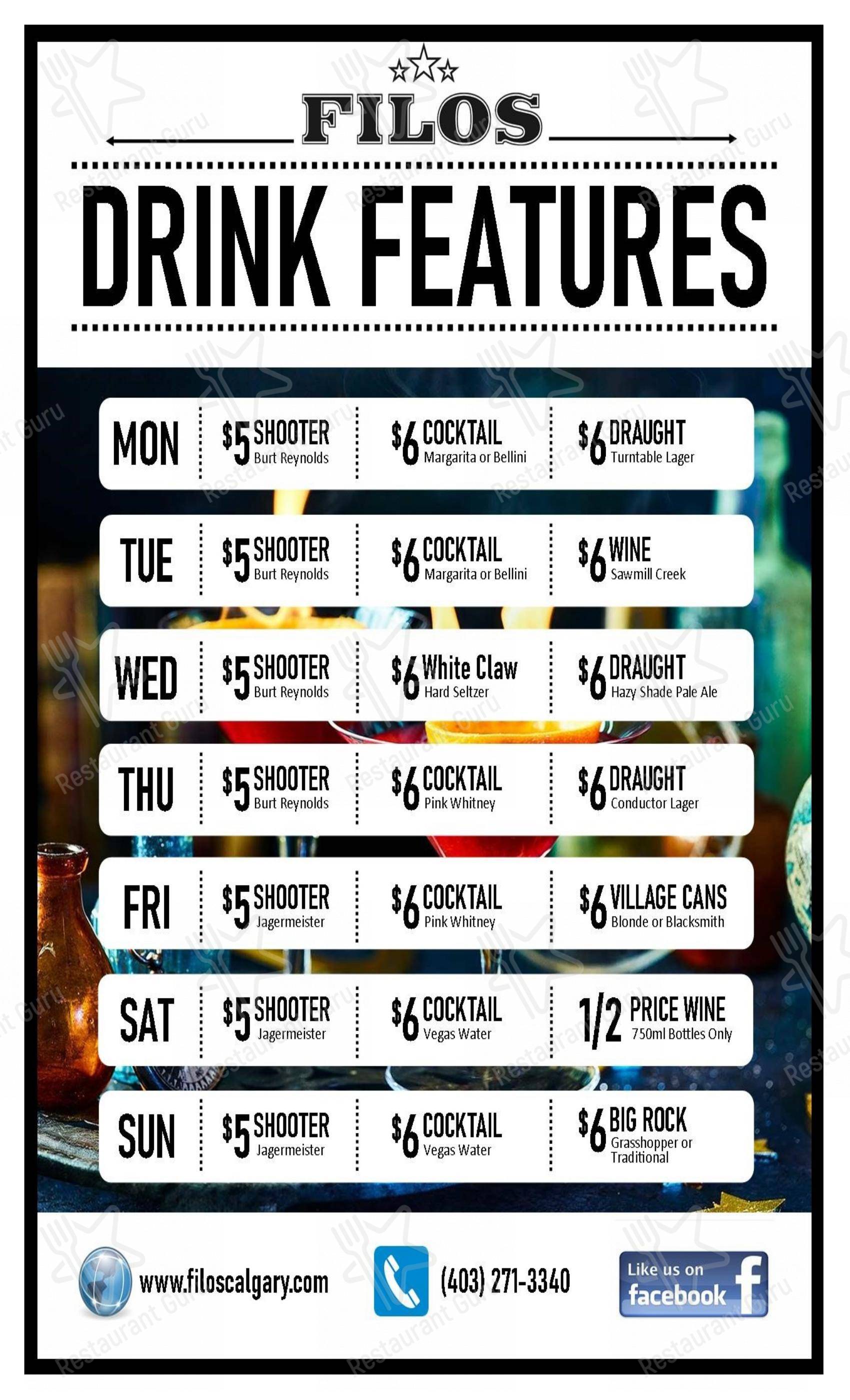 Menu at Filos Restaurant & Lounge, Calgary