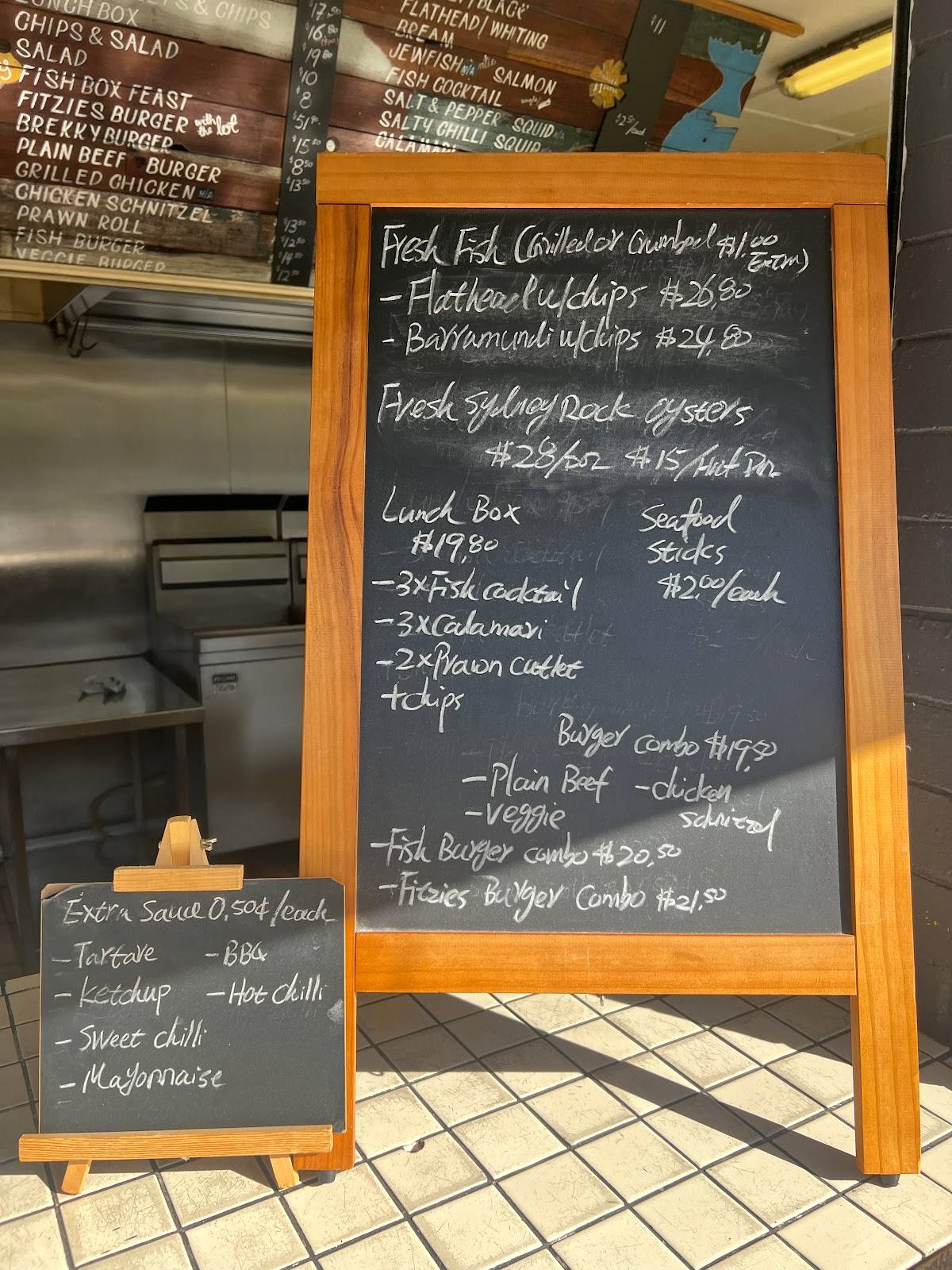 Menu at Fitzies Fish and Chips restaurant, Brooklyn