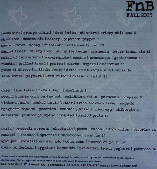 FnB Restaurant menu