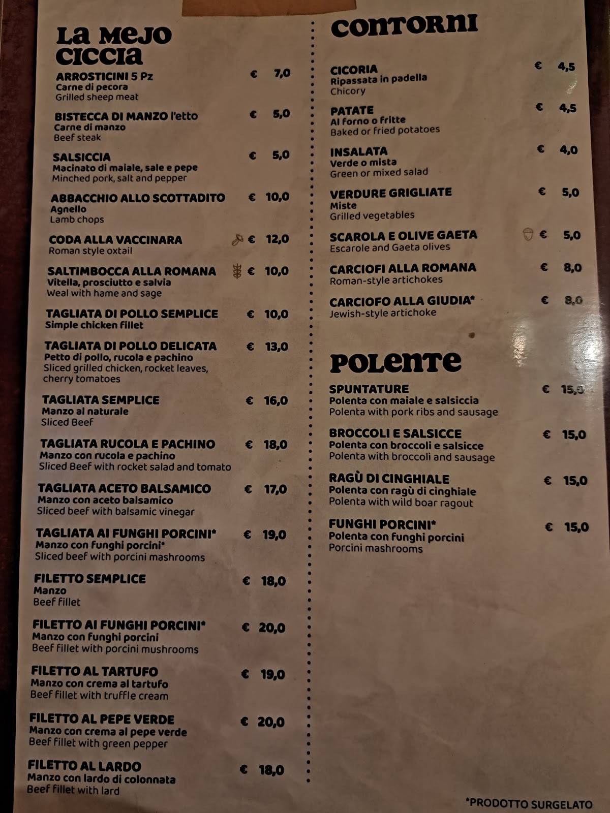 Menu di Fraschetta la Romanella 