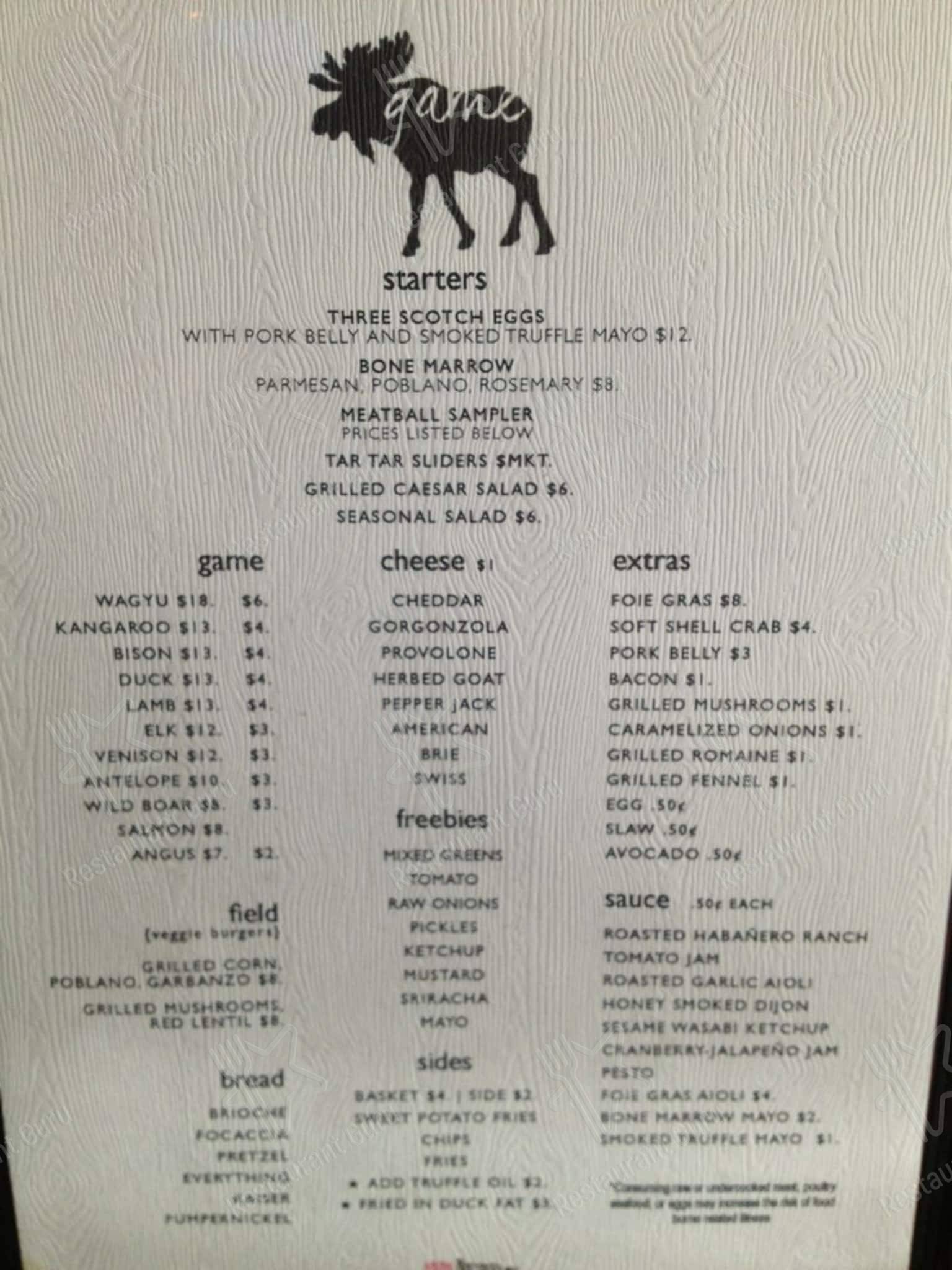 Menu at Game Restaurant, Louisville, Lexington Rd