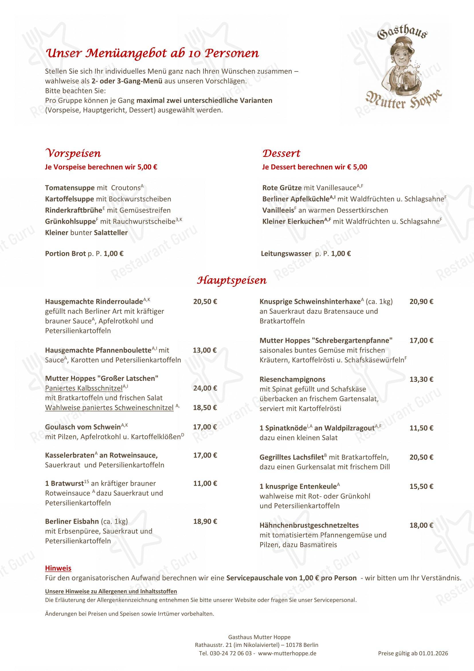 Menu pour Gasthaus Mutter Hoppe restaurant
