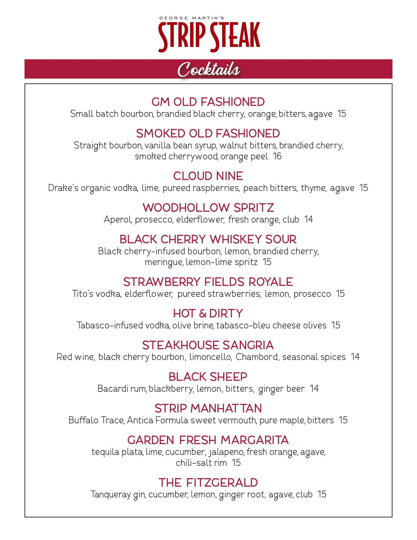 Carta de parrilla Martin's Strip Steak, Great River