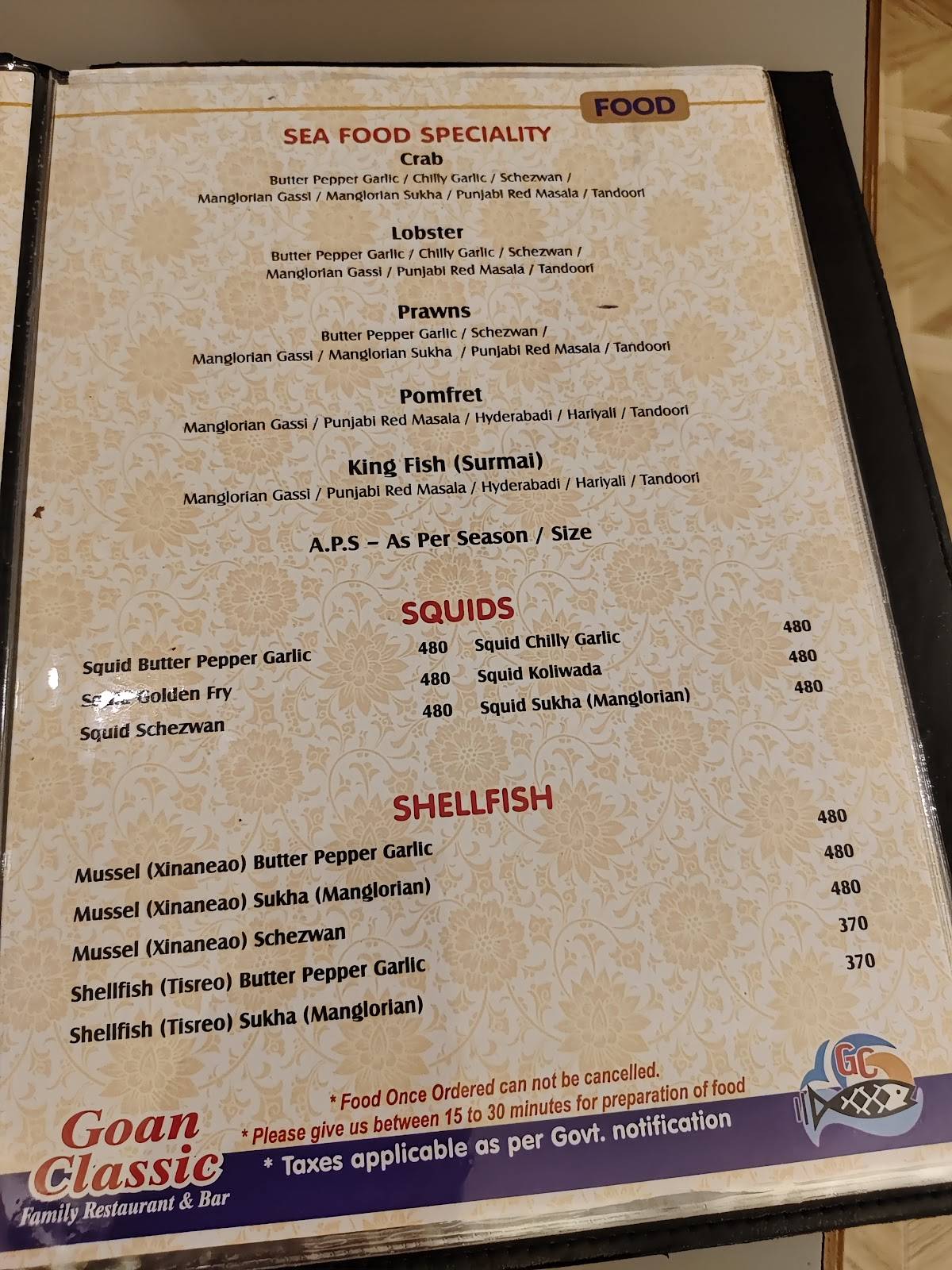 Goan Classic Family Restaurant and Bar menu