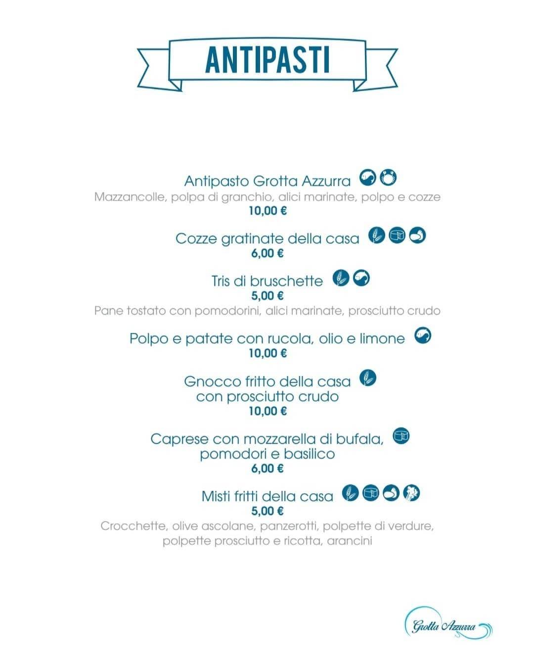 Menu di Grotta Azzurra - Ristorante Pizzeria 