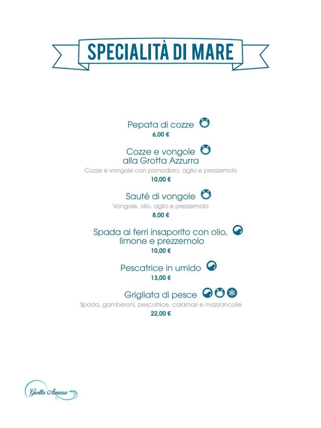 Menu di Grotta Azzurra - Ristorante Pizzeria 