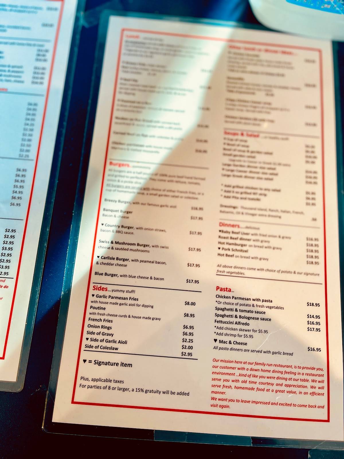 Menu at Breezy Corners Freelton restaurant, Hamilton, Hwy 6