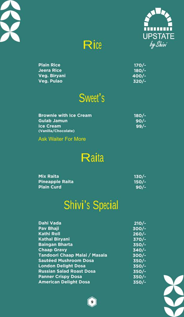 UPSTATE BY SHIVI menu
