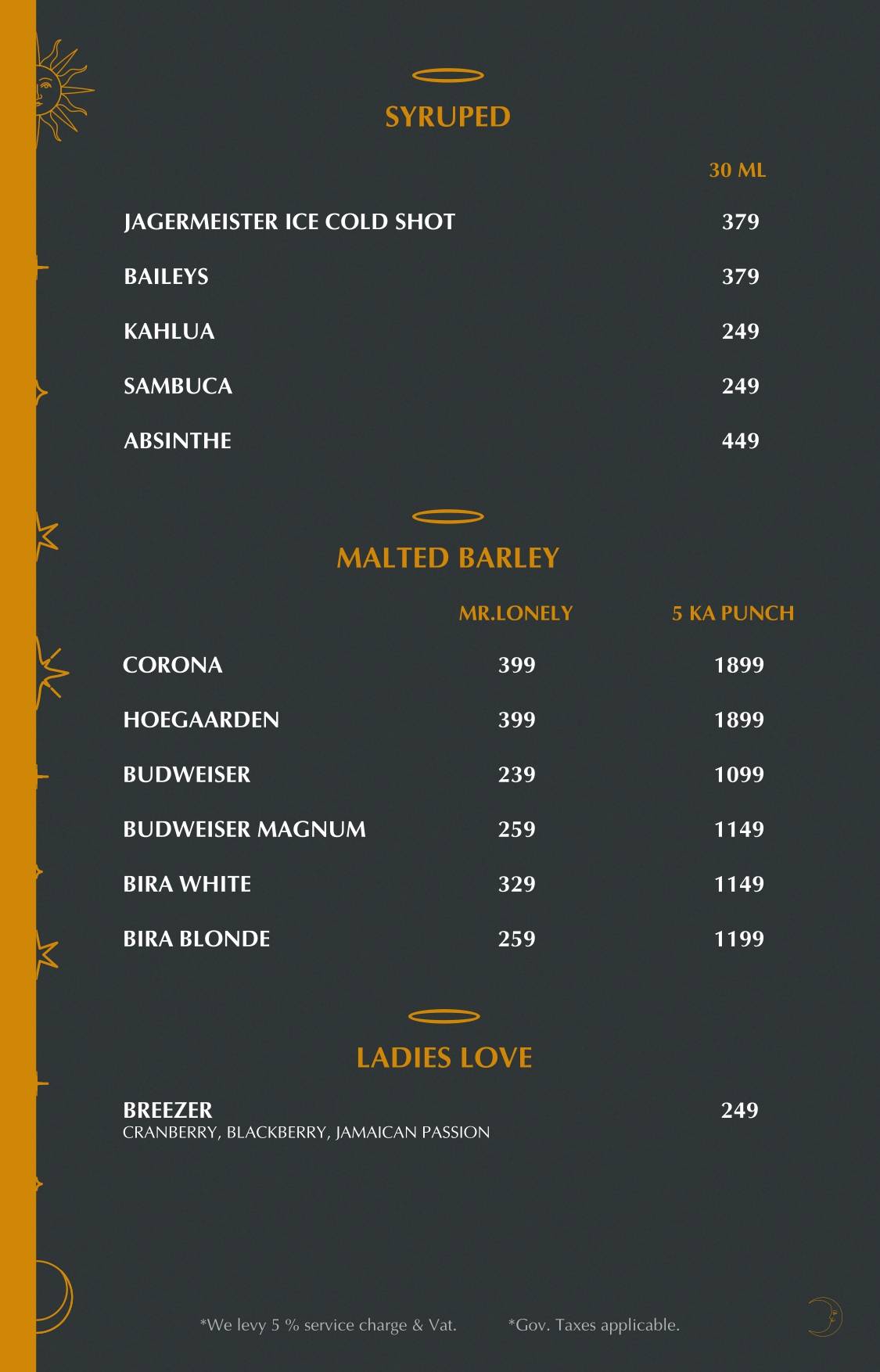 Heaven Rooftop & Club menu
