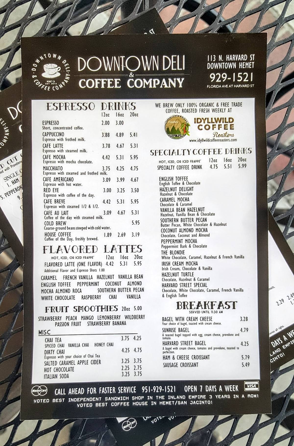 Menu at Downtown Deli & Coffee Company cafe, Hemet