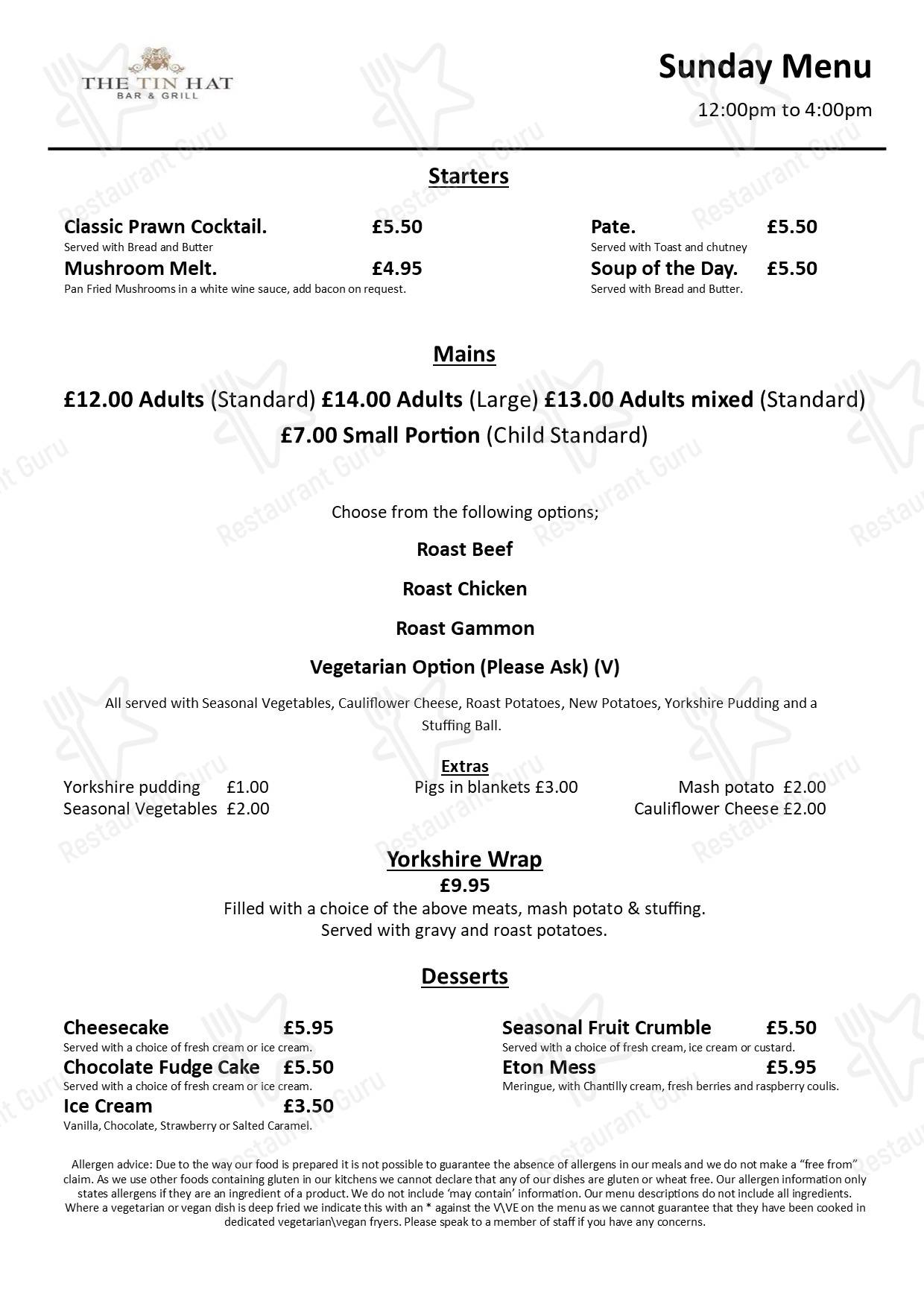 Menu at Tin Hat pub & bar, Hinckley