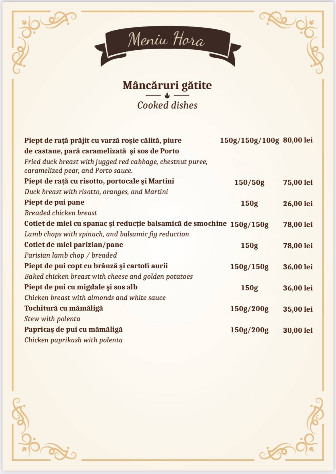 Menu at Hora, ClujNapoca