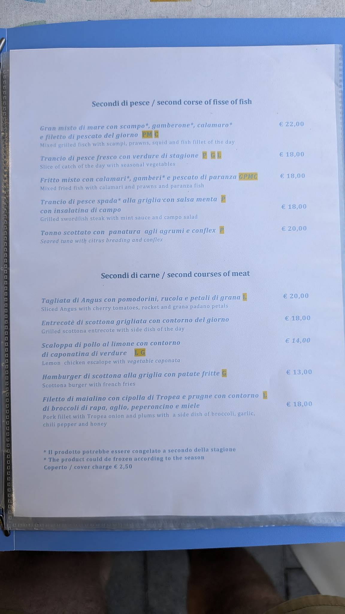 Menu di Hostaria del Corso 