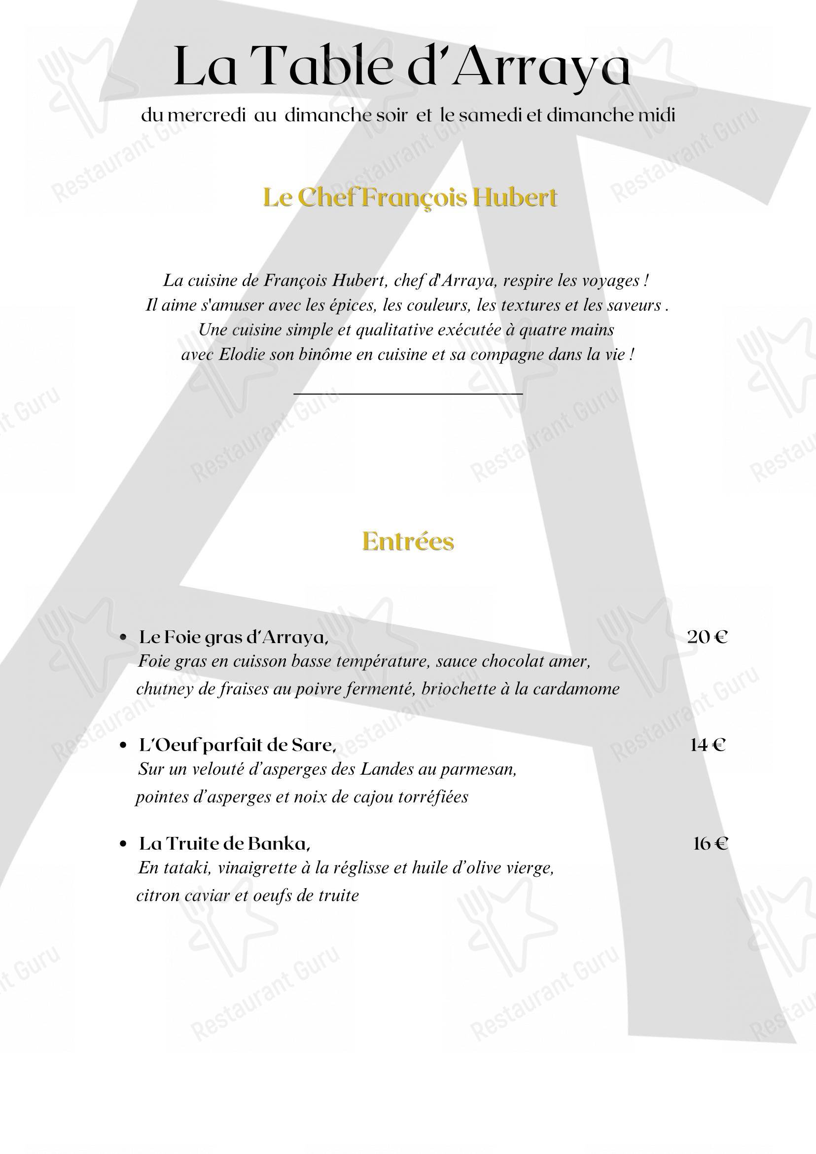 Menu pour Hôtel Arraya - Menu