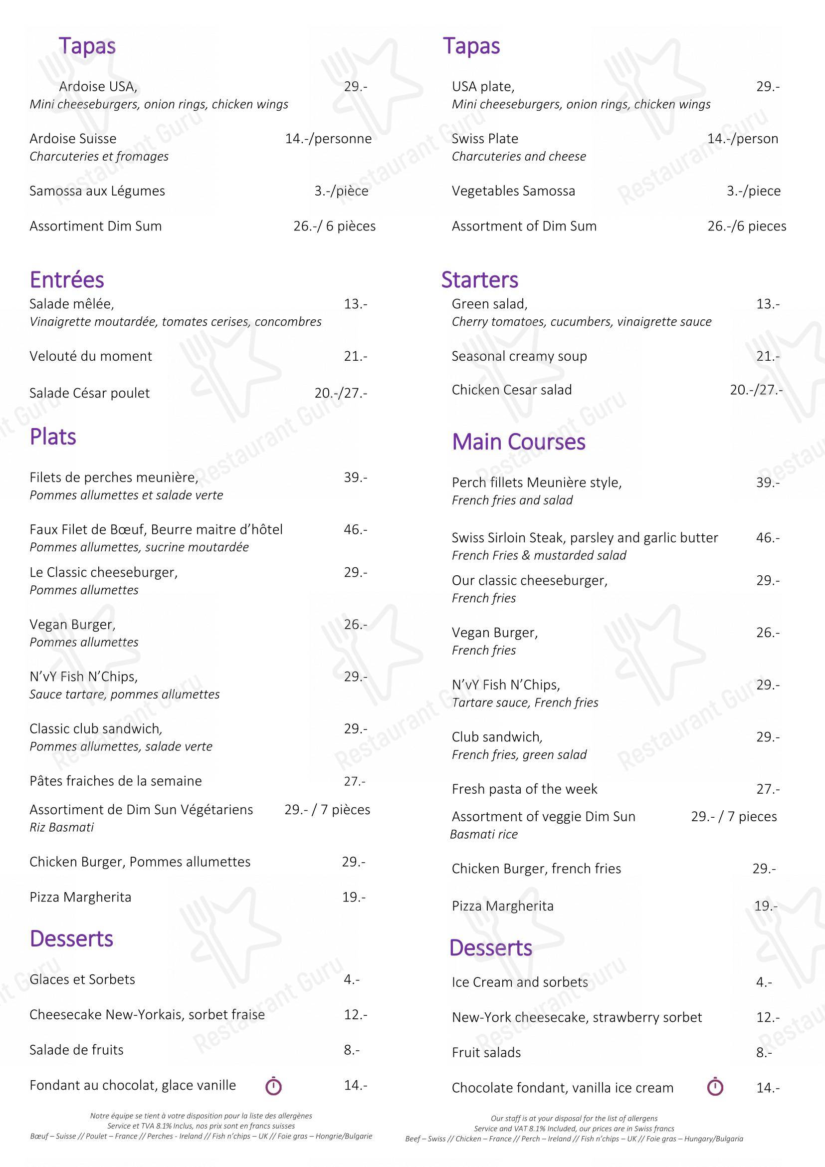 Hotel N’vy in Ginevra - Menu