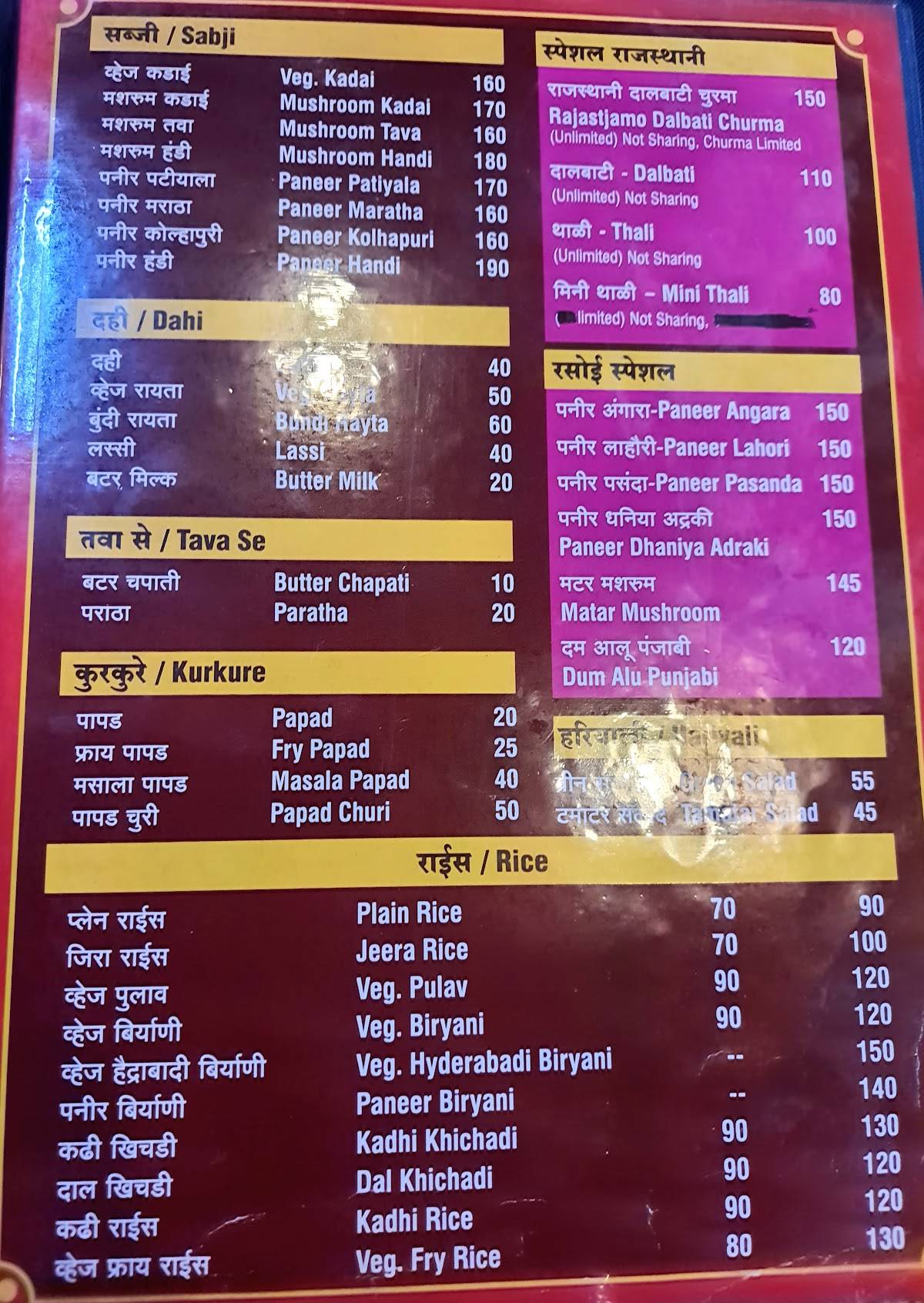 Hotel Rajasthani Rasoi menu