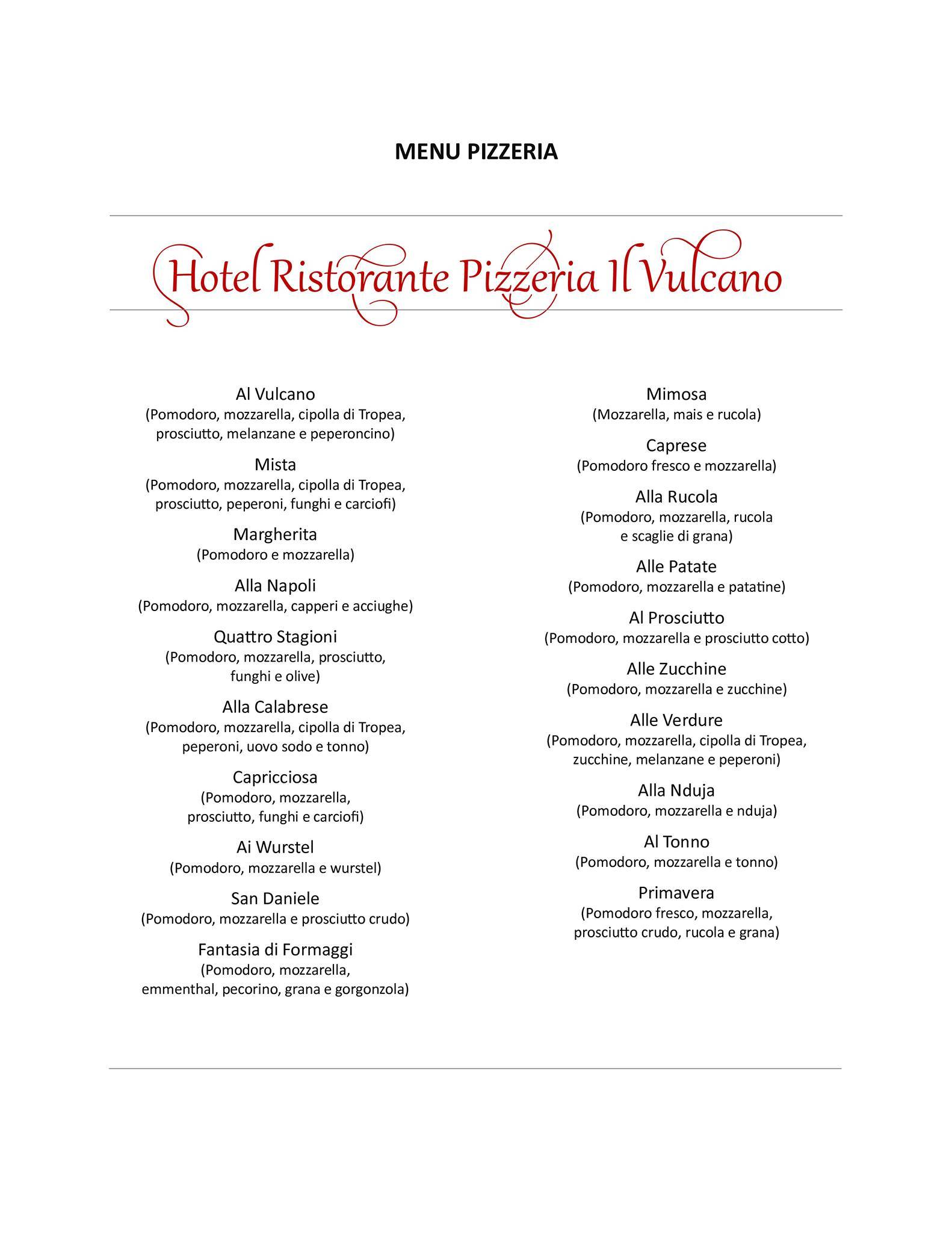 Menu di Hotel Ristorante Pizzeria Il Vulcano 