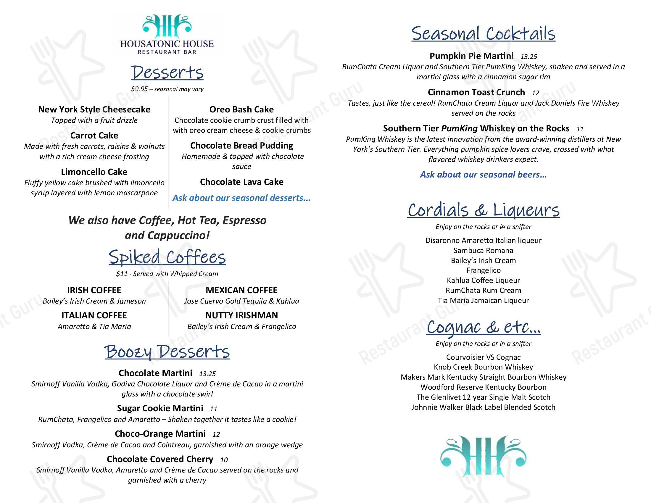 Menu at Housatonic House Restaurant Bar, Seymour