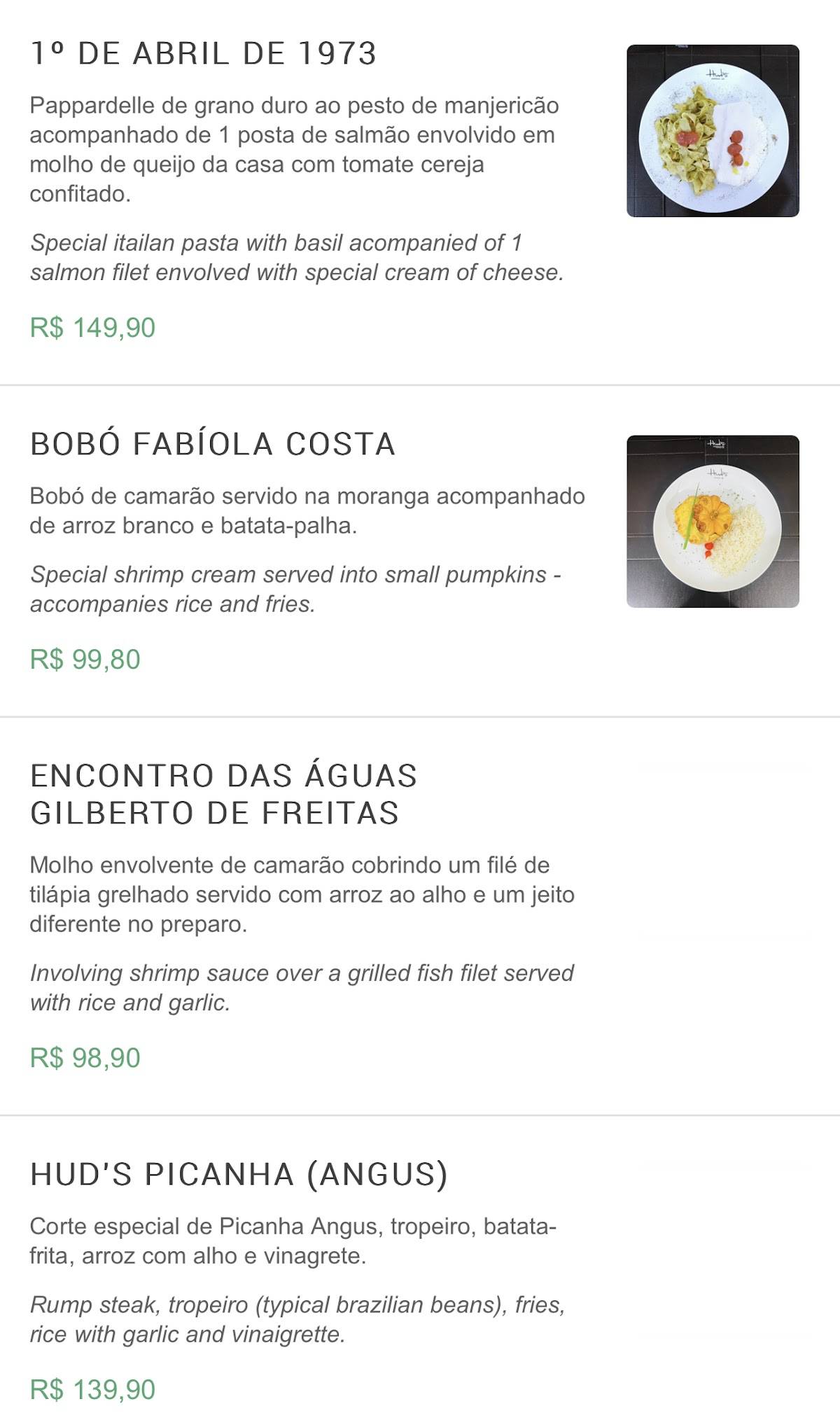 Hud's Restaurante cardápio