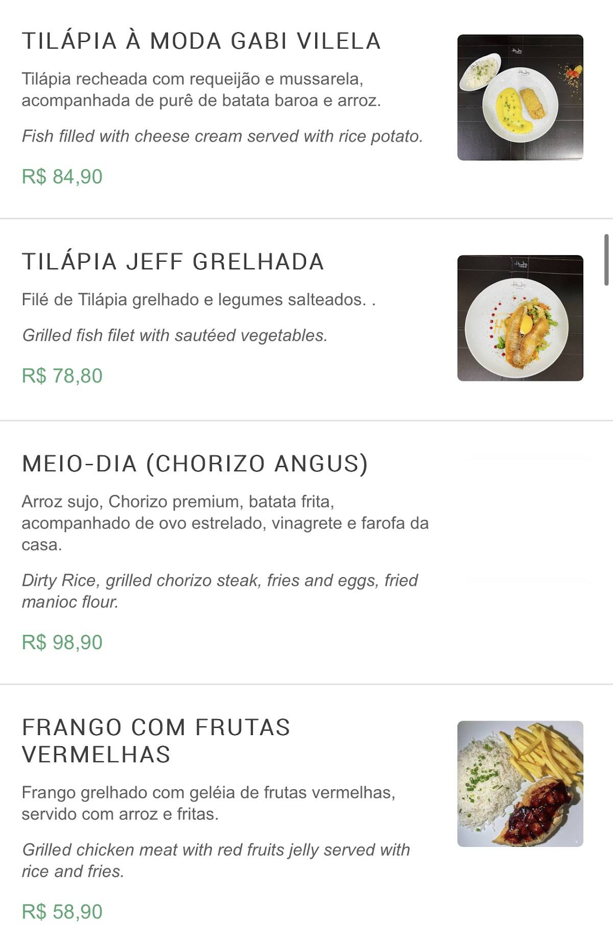 Hud's Restaurante cardápio