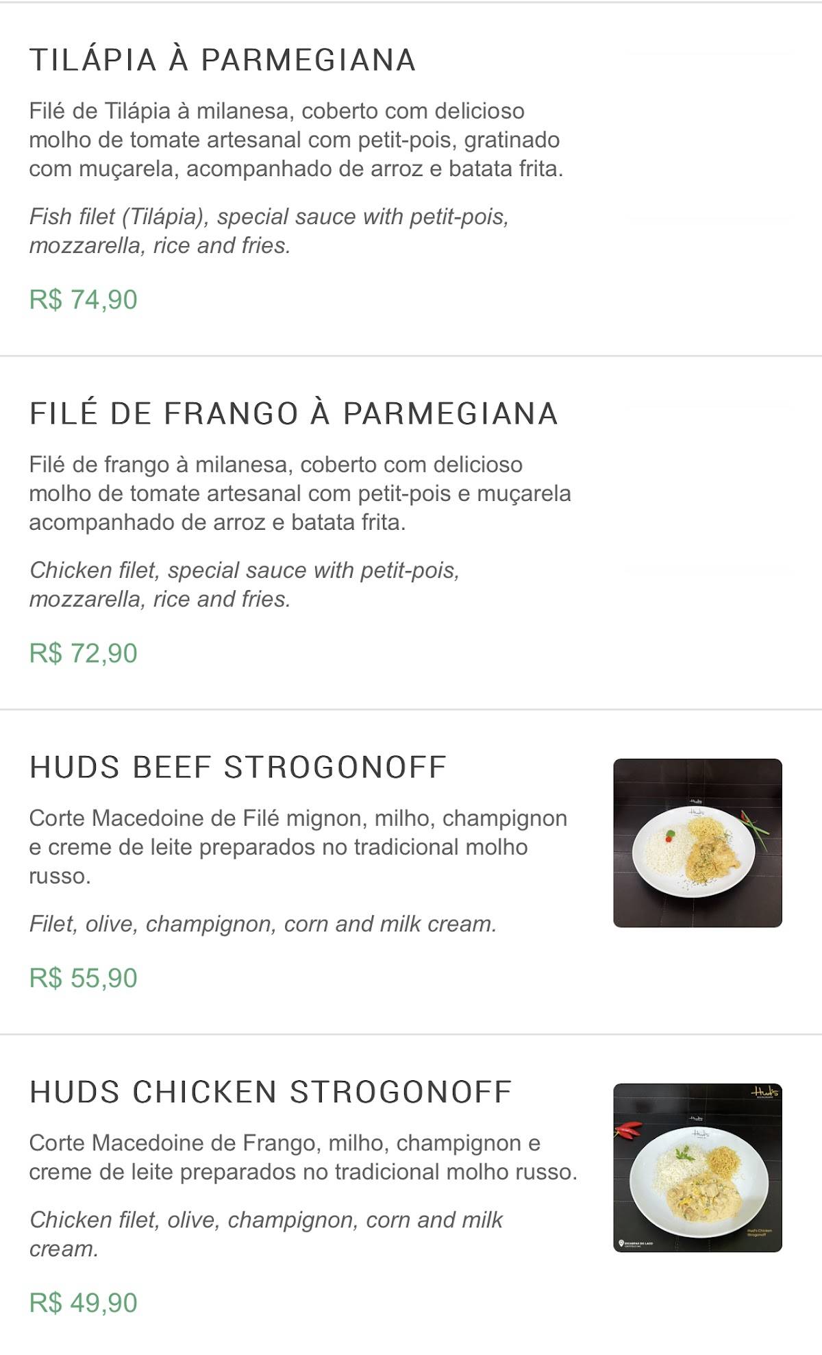 Hud's Restaurante cardápio