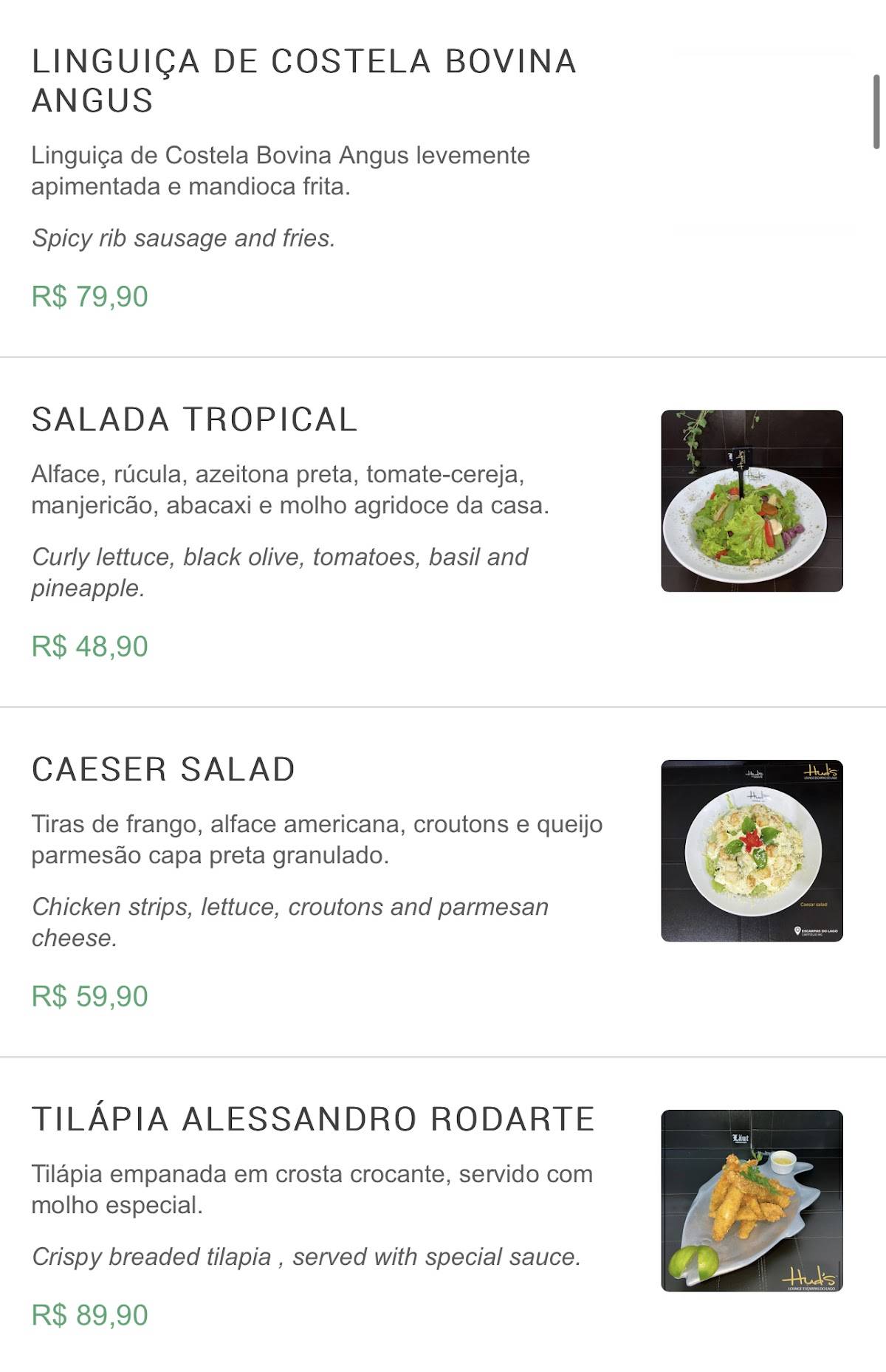 Hud's Restaurante cardápio