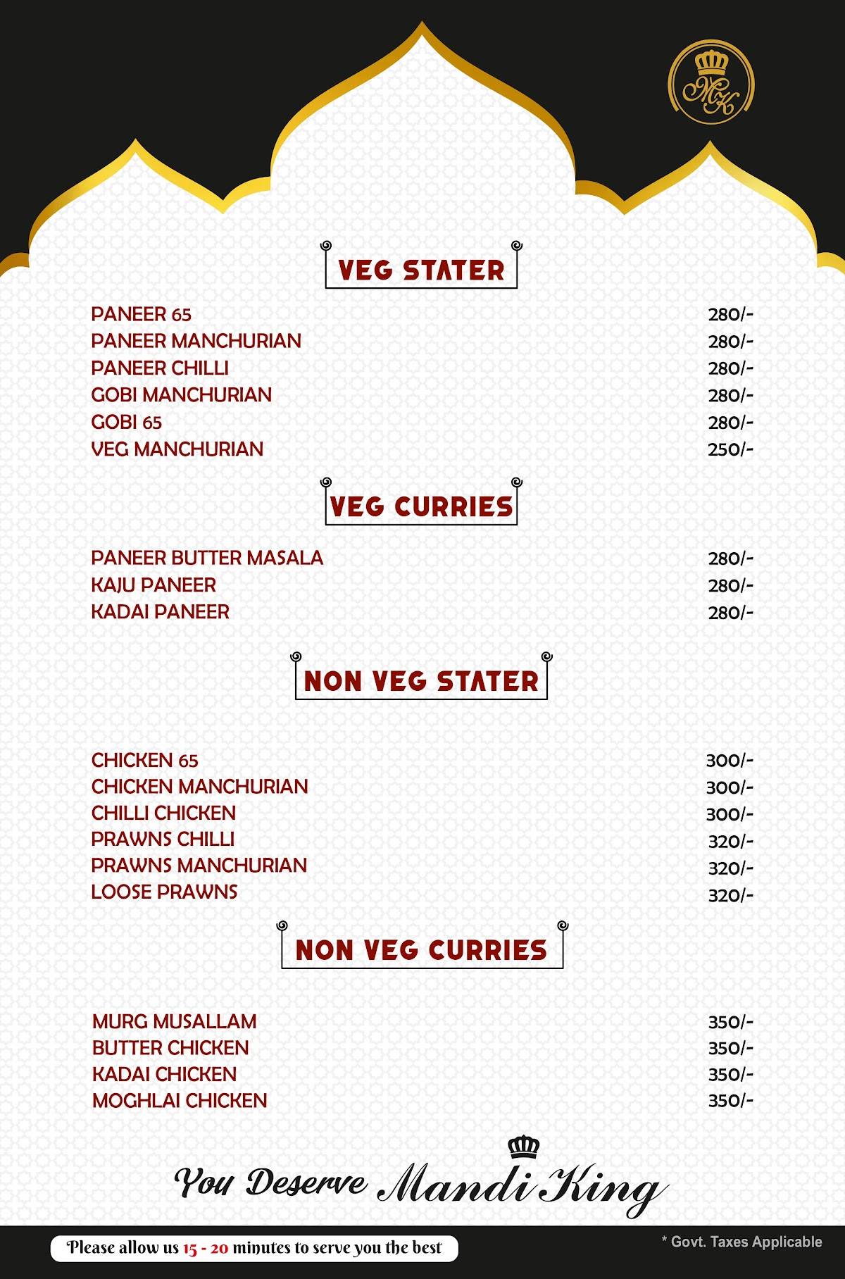 Mandi King Arabian Restaurant menu