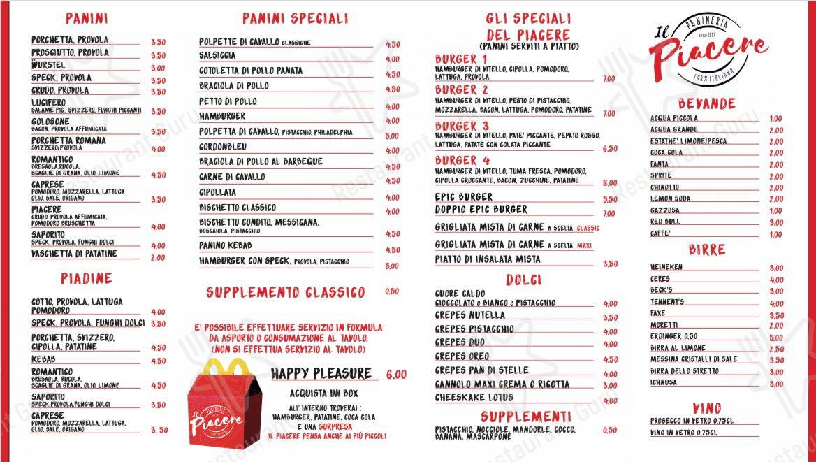 Menu di Il Piacere Street-food - piatti e bevande