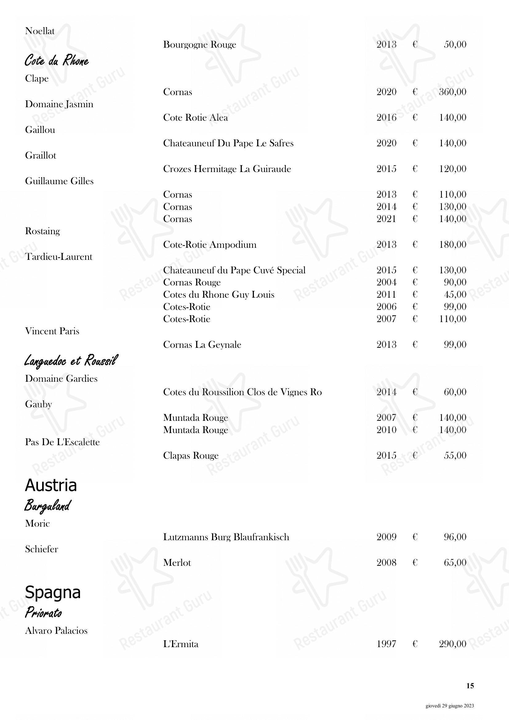 Menu di Il Ridotto Restaurant - Menu bar