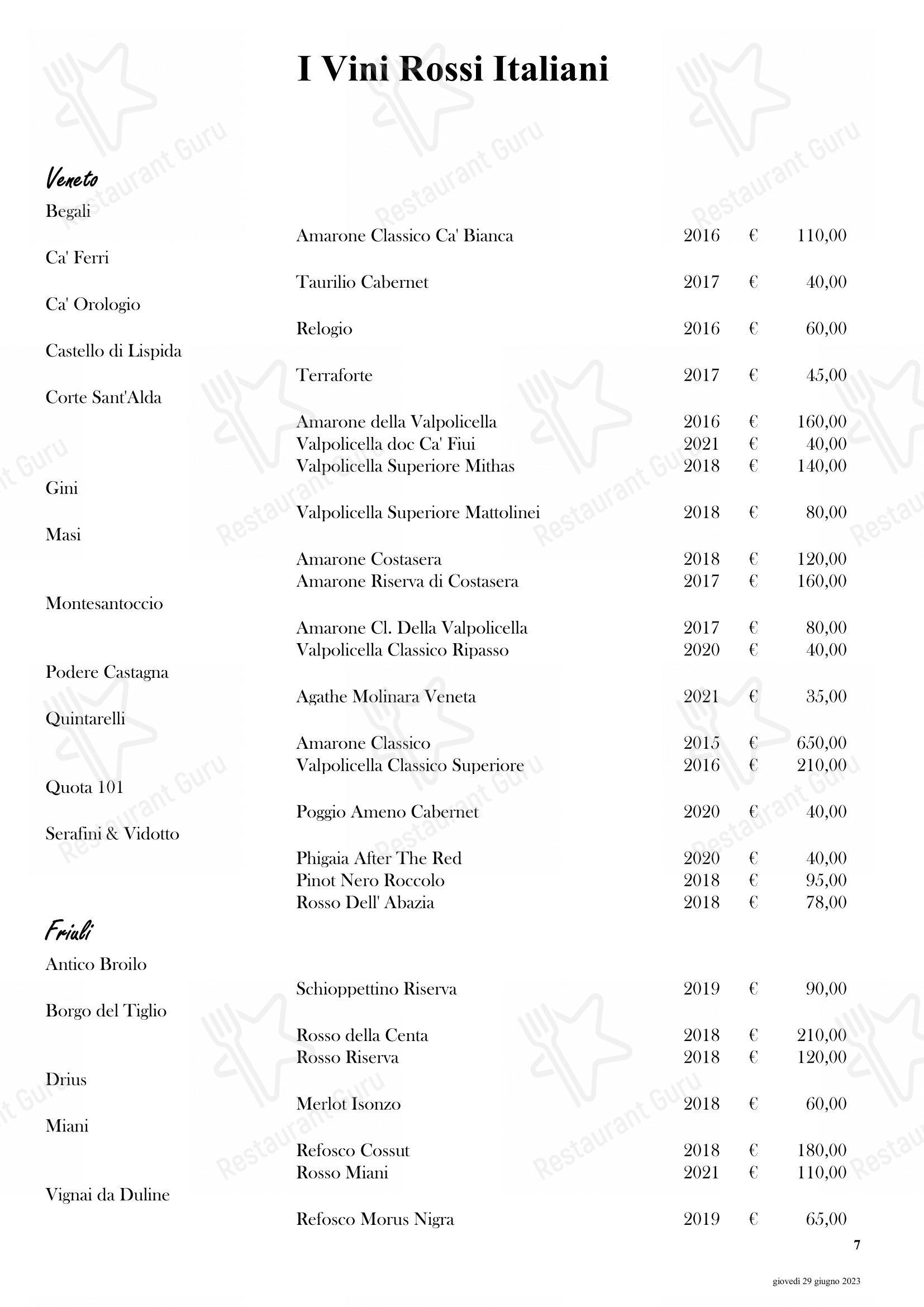 Menu bar per Il Ridotto Restaurant in Venezia