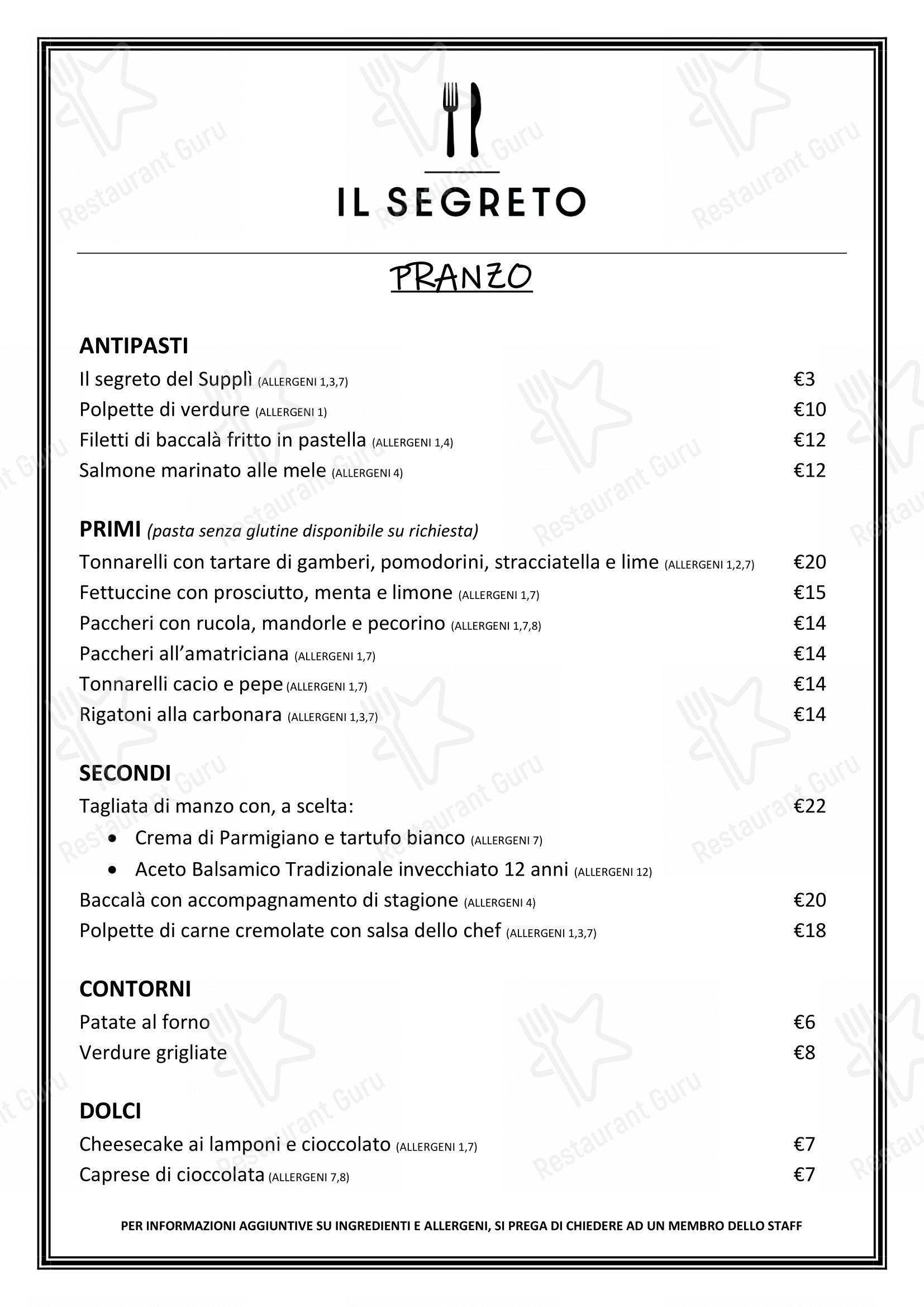 Menu di Il Segreto - Italian restaurant near the Vatican - Menu bar